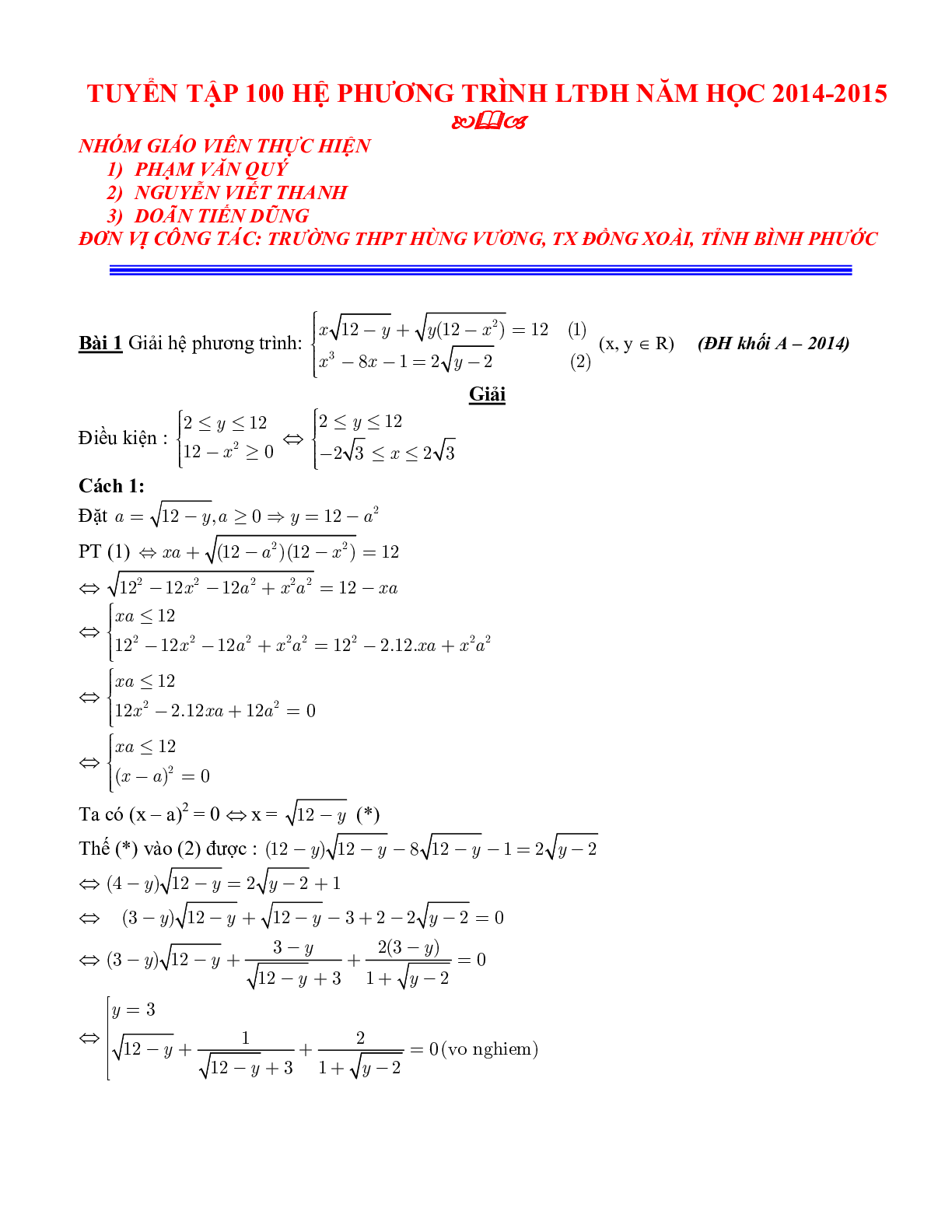 Tuyển tập 100 bài toán Hệ phương trình (trang 1)