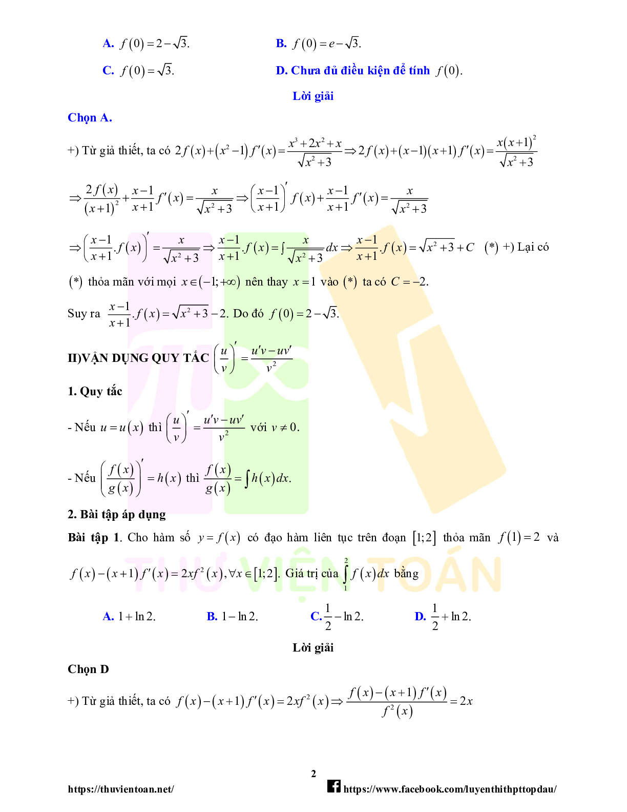 Lý thuyết và bài tập về quy tắc đạo hàm trong bài toán tích phân - có đáp án chi tiết (trang 2)