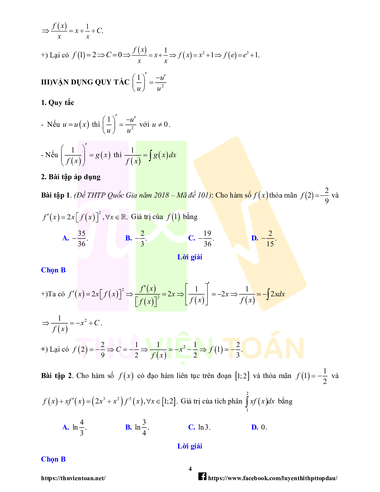 Lý thuyết và bài tập về quy tắc đạo hàm trong bài toán tích phân - có đáp án chi tiết (trang 4)