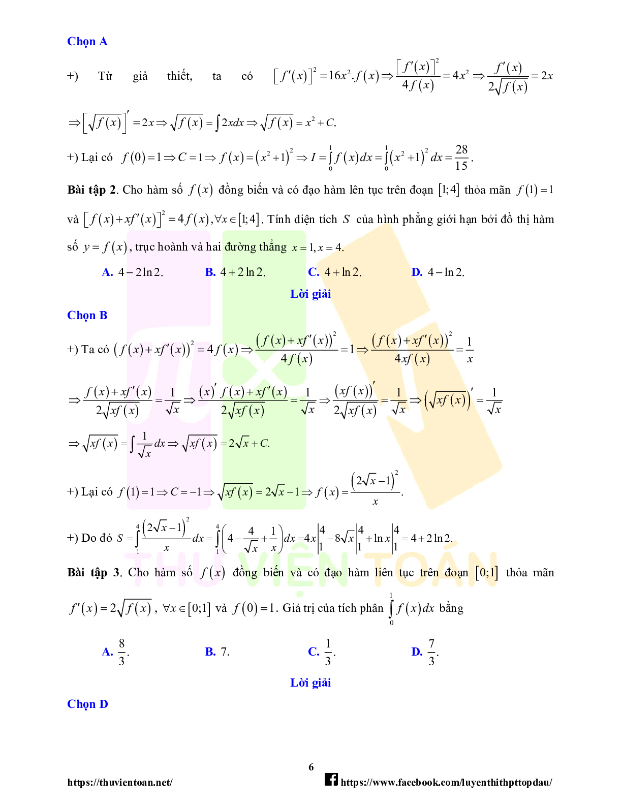 Lý thuyết và bài tập về quy tắc đạo hàm trong bài toán tích phân - có đáp án chi tiết (trang 6)