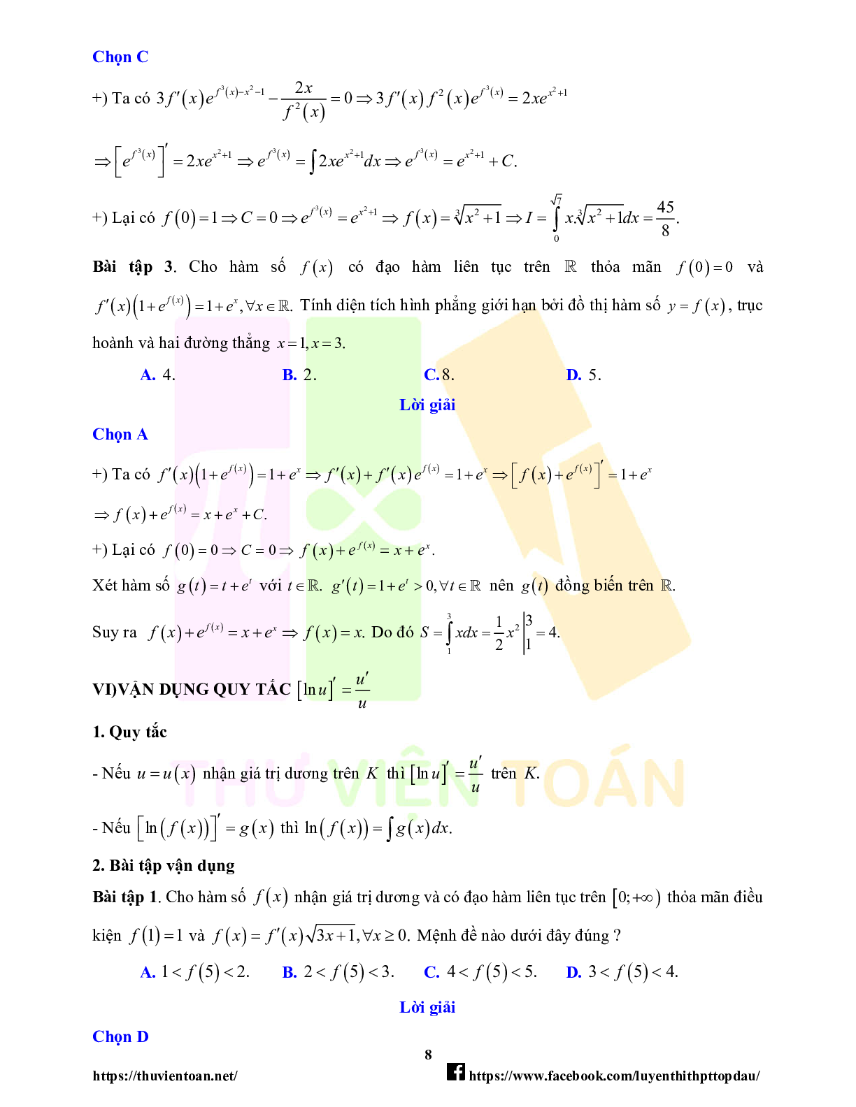 Lý thuyết và bài tập về quy tắc đạo hàm trong bài toán tích phân - có đáp án chi tiết (trang 8)