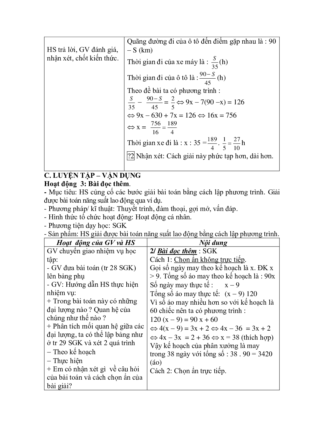 Giáo án Toán học 8 Bài 7: Giải toán bằng cách lập phương trình (tiếp) (trang 3)