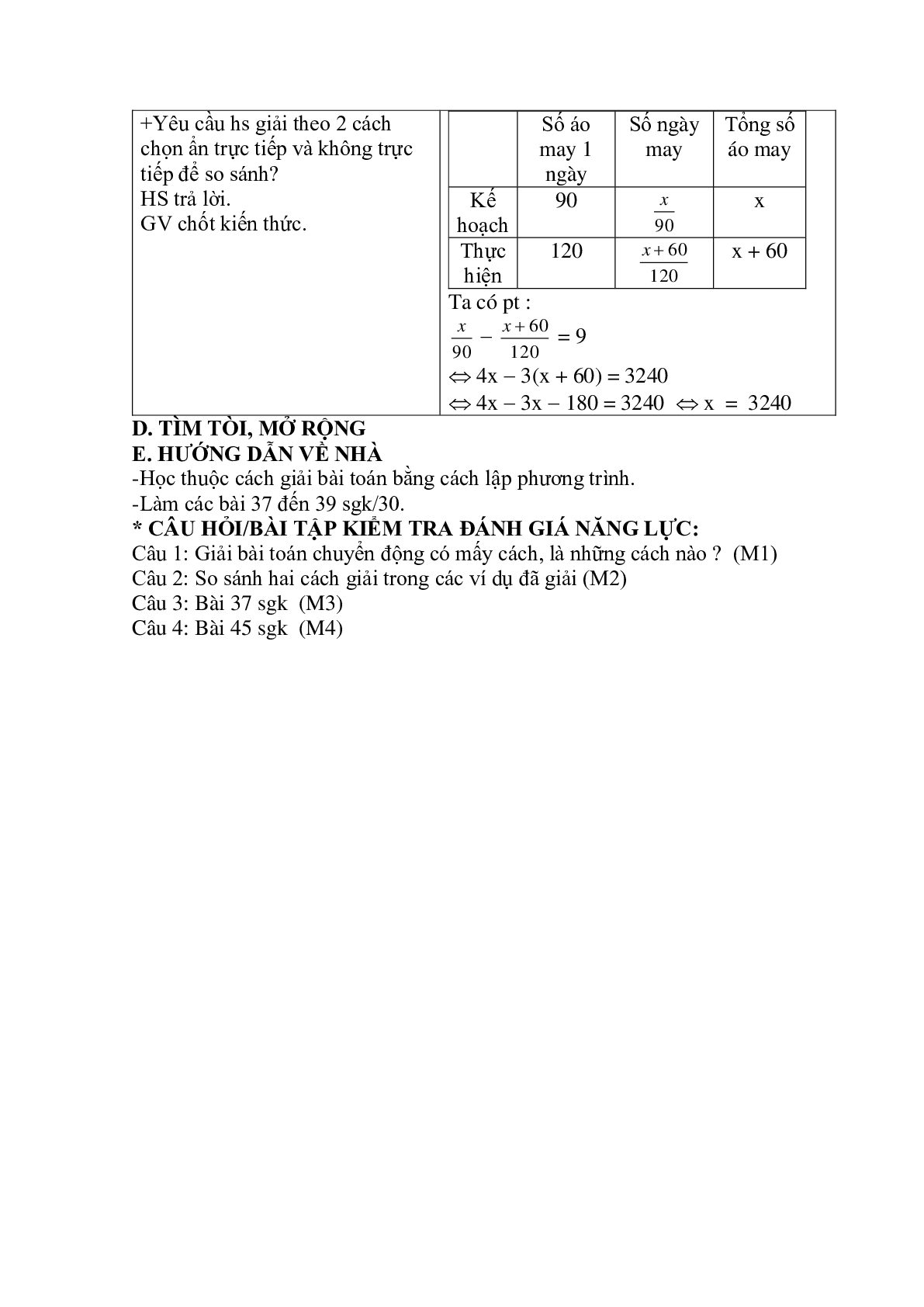 Giáo án Toán học 8 Bài 7: Giải toán bằng cách lập phương trình (tiếp) (trang 4)