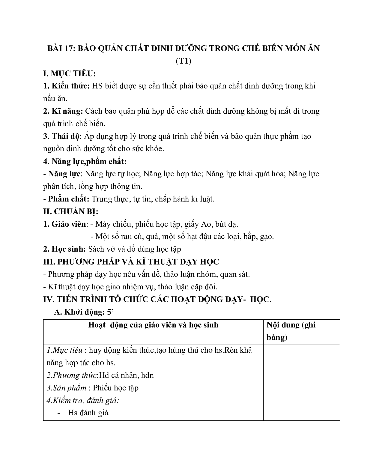 GIÁO ÁN CÔNG NGHỆ 6 BÀI 17: BẢO QUẢN CHẤT DINH DƯỠNG TRONG CHẾ BIẾN MÓN ĂN (T1) MỚI NHẤT (trang 1)