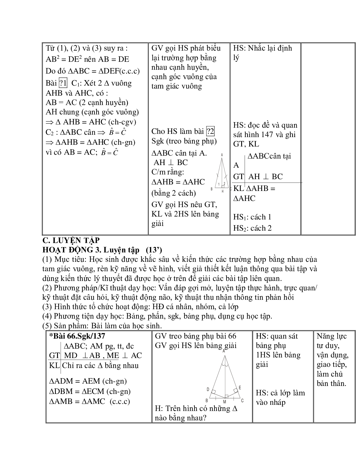 Giáo án Toán học 7 bài 8: Các trường hợp bằng nhau của tam giác vuông hay nhất (trang 4)