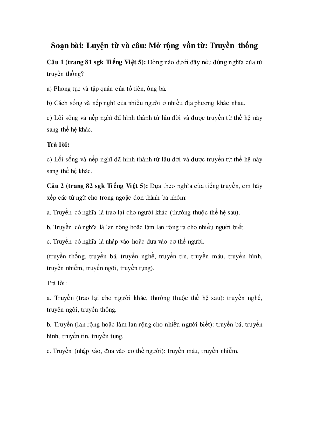 Soạn Tiếng Việt lớp 5: Luyện từ và câu: Mở rộng vốn từ: Truyền thống mới nhất (trang 1)