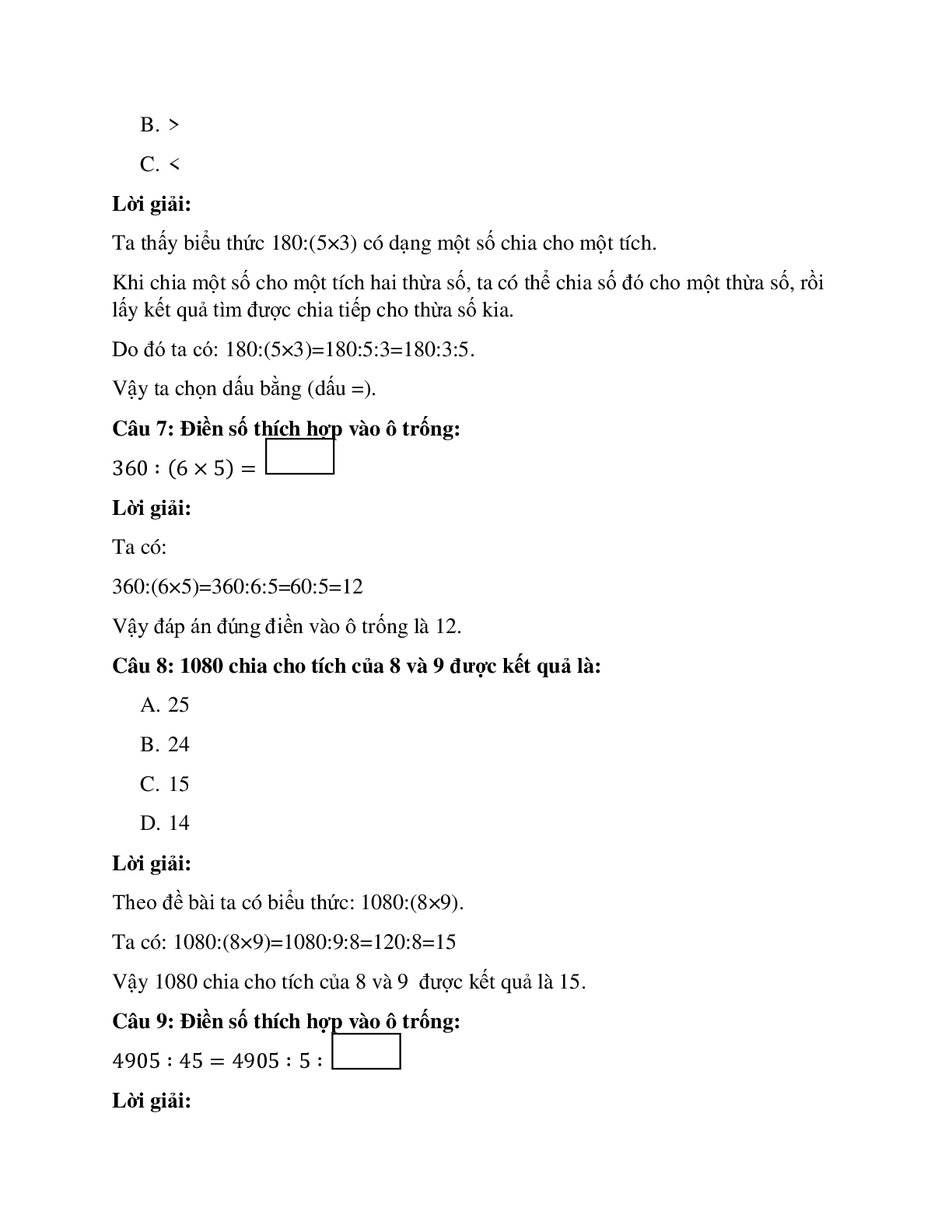 25 câu Trắc nghiệm Chia một số cho một tích có đáp án 2023 – Toán lớp 4 (trang 3)