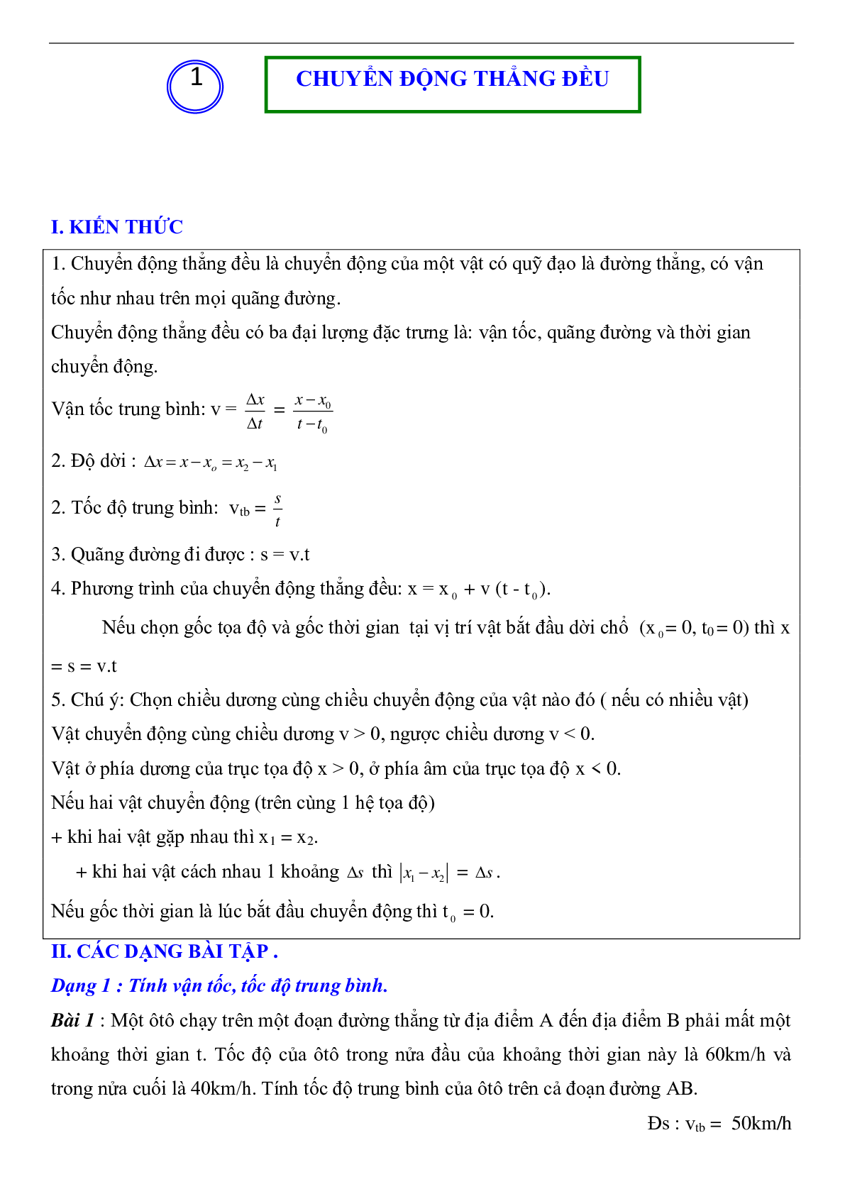 Dạng bài Chuyển động thẳng đều môn Vật Lý  lớp 10 (trang 1)