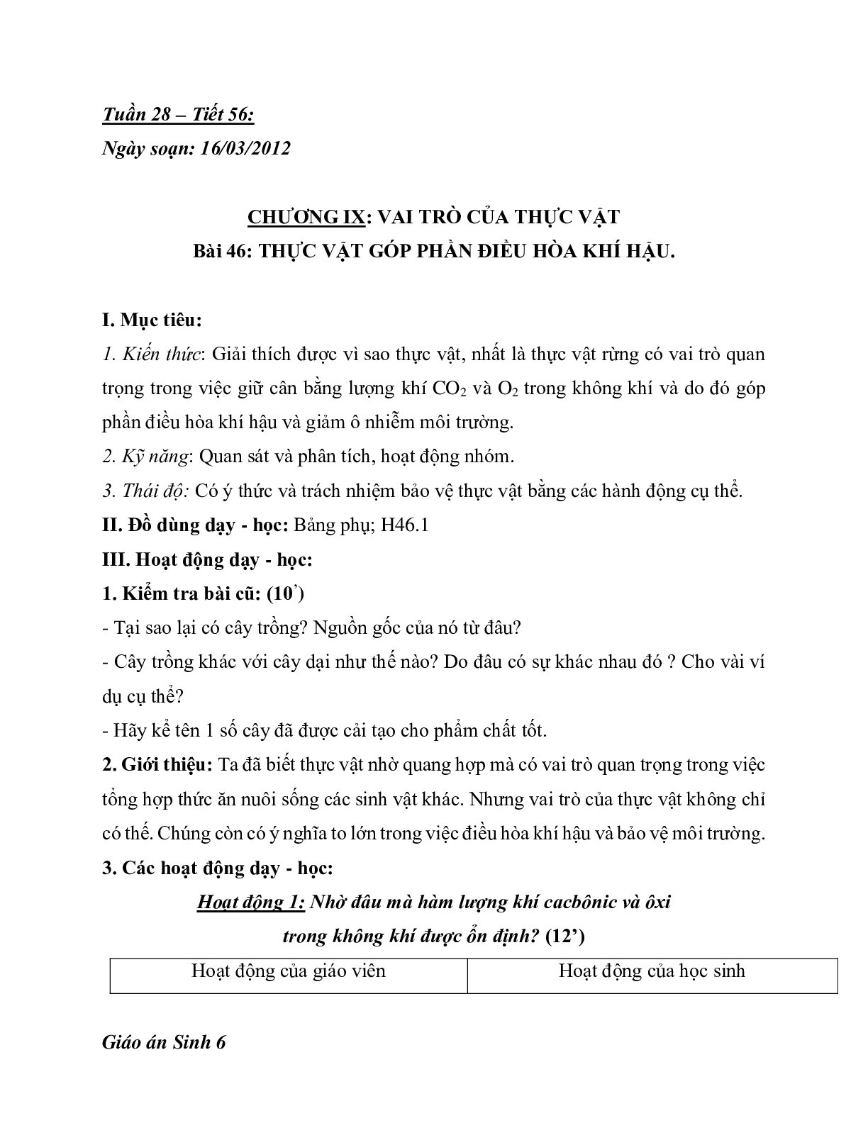 Giáo án Sinh học 6 Bài 46: Thực vật góp phần điều hòa khí hậu mới nhất - CV5512 (trang 1)
