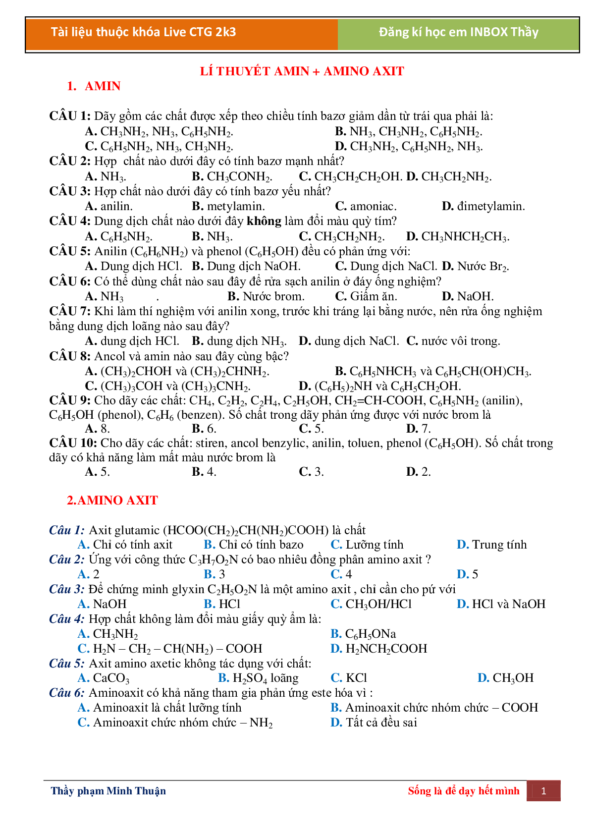 Lí thuyết Amin, amino axit môn Hóa học lớp 12 (trang 1)