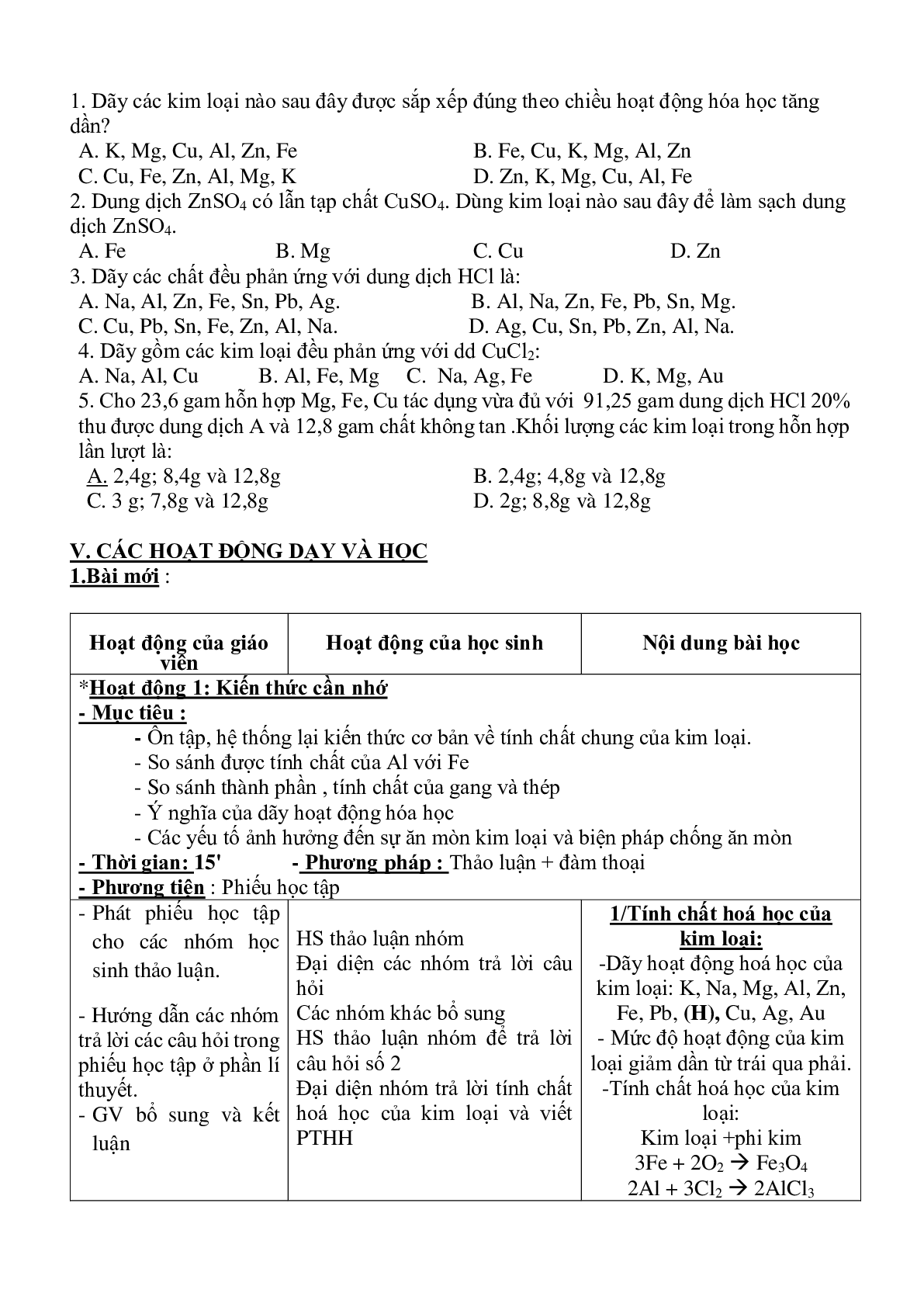 Giáo án Hóa học 9 bài 22 luyện tập chương 2 kim loại mới nhất (trang 2)