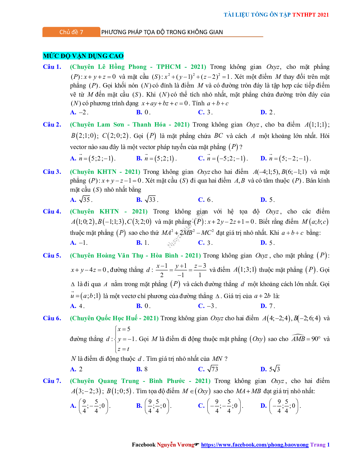 Trắc nghiệm Ôn thi THPT QG Toán 12: Câu hỏi phương pháp tọa độ trong không gian mức độ vận dụng cao (trang 1)