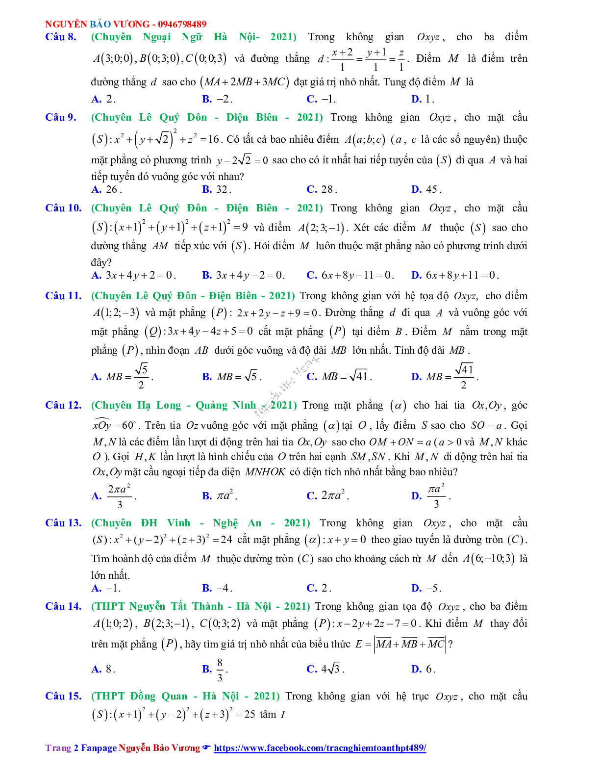 Trắc nghiệm Ôn thi THPT QG Toán 12: Câu hỏi phương pháp tọa độ trong không gian mức độ vận dụng cao (trang 2)