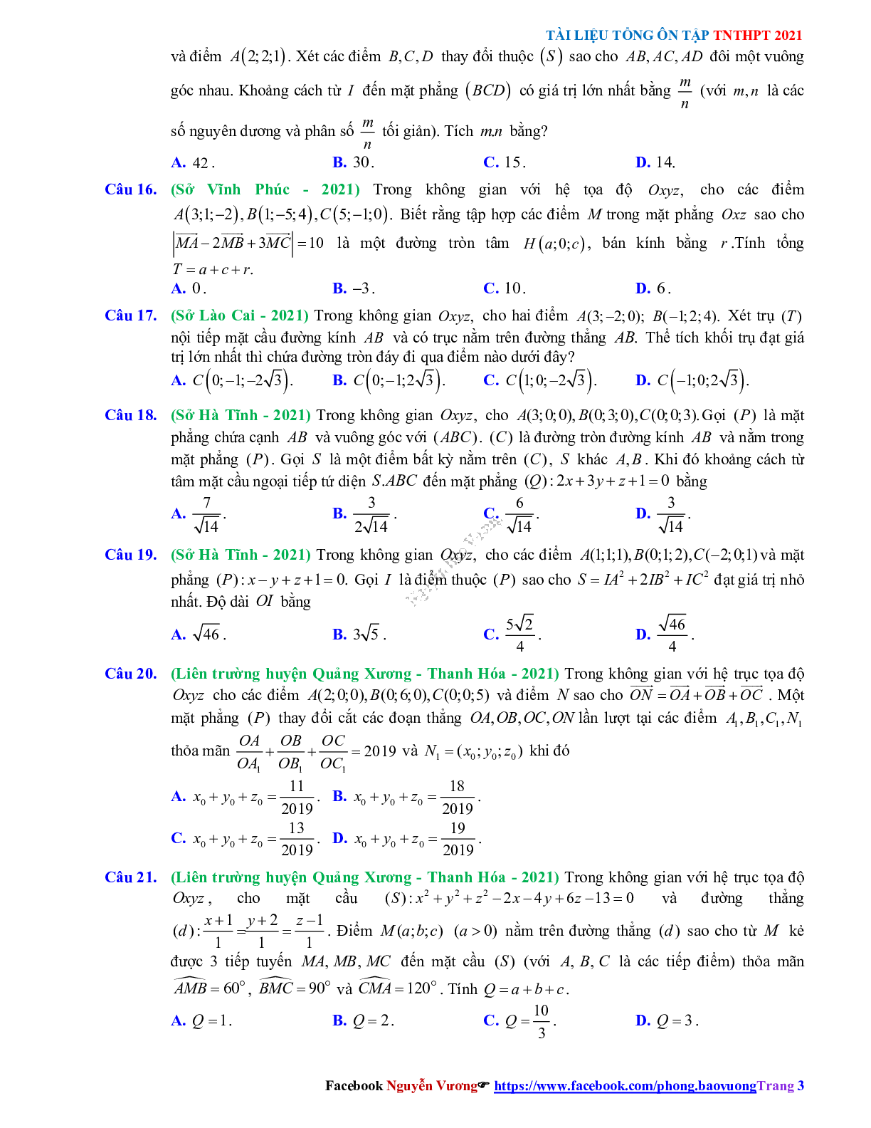 Trắc nghiệm Ôn thi THPT QG Toán 12: Câu hỏi phương pháp tọa độ trong không gian mức độ vận dụng cao (trang 3)