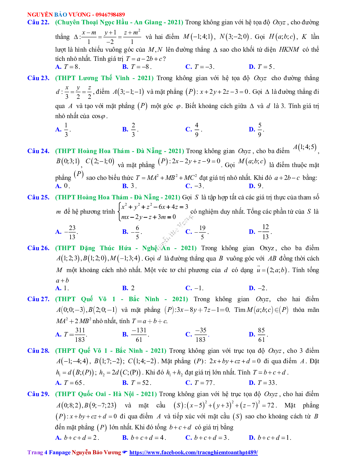 Trắc nghiệm Ôn thi THPT QG Toán 12: Câu hỏi phương pháp tọa độ trong không gian mức độ vận dụng cao (trang 4)