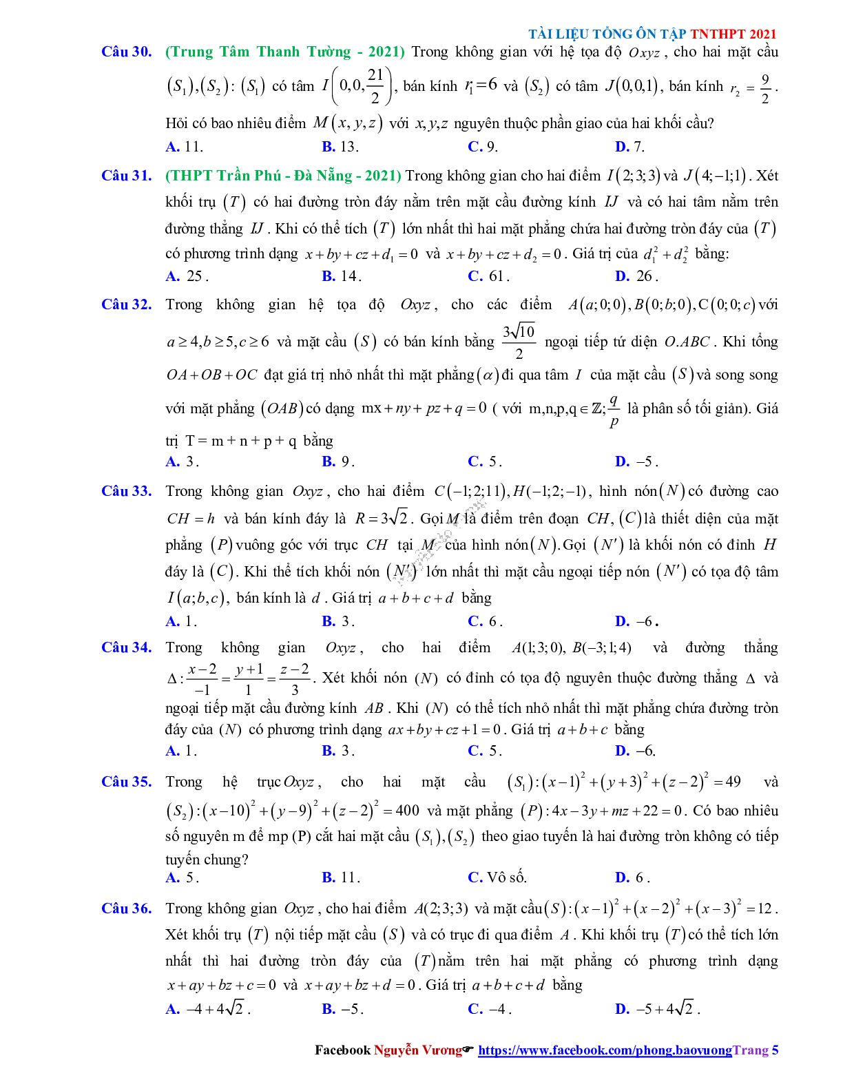 Trắc nghiệm Ôn thi THPT QG Toán 12: Câu hỏi phương pháp tọa độ trong không gian mức độ vận dụng cao (trang 5)