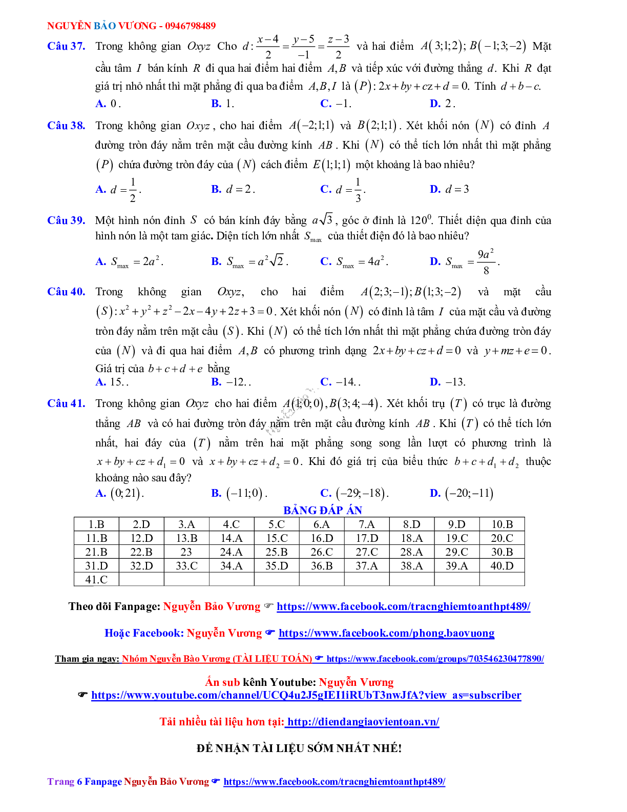 Trắc nghiệm Ôn thi THPT QG Toán 12: Câu hỏi phương pháp tọa độ trong không gian mức độ vận dụng cao (trang 6)