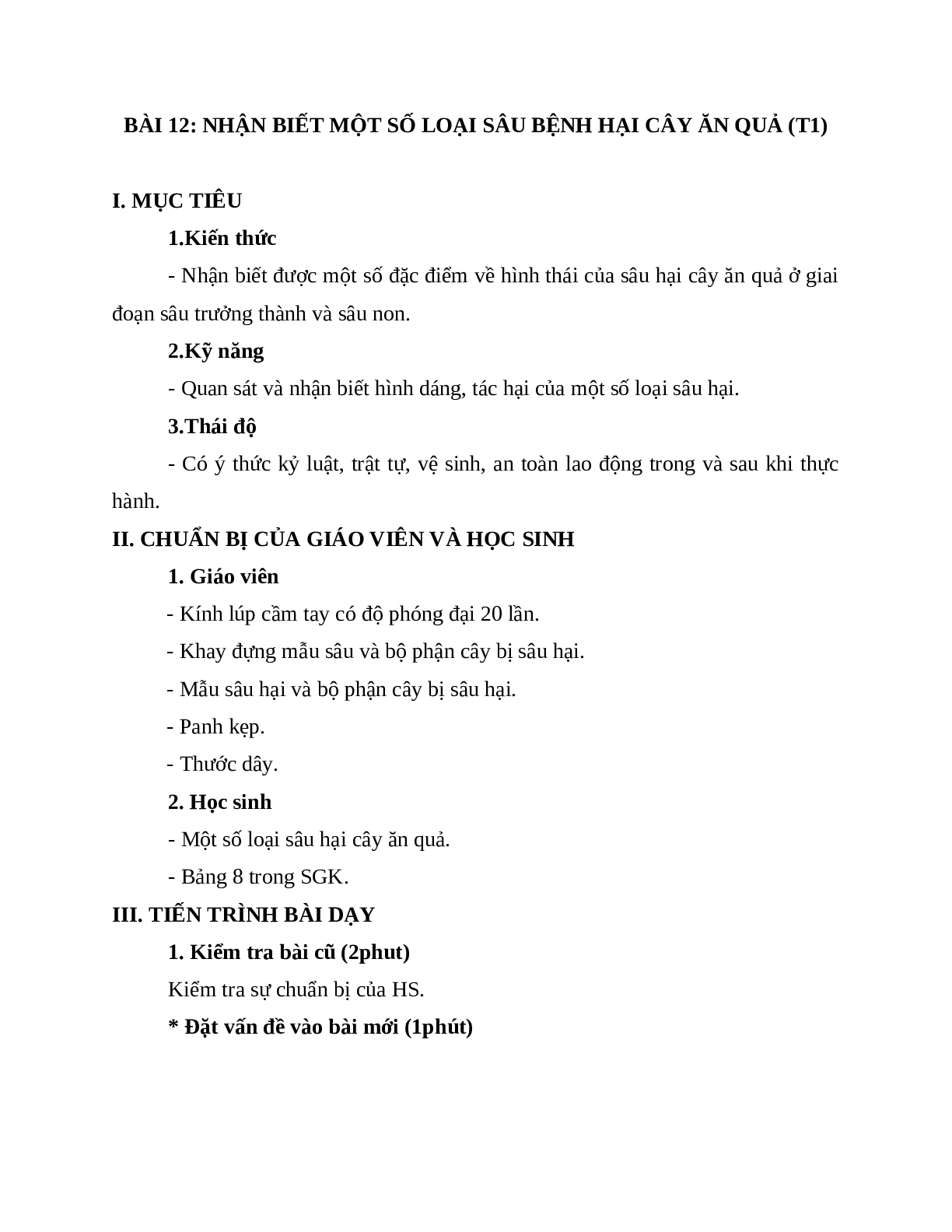 GIÁO ÁN CÔNG NGHỆ 9 BÀI 12: NHẬN BIẾT MỘT SỐ LOẠI SÂU BỆNH HẠI CÂY ĂN QUẢ (T1) MỚI NHẤT - CV5555 (trang 1)