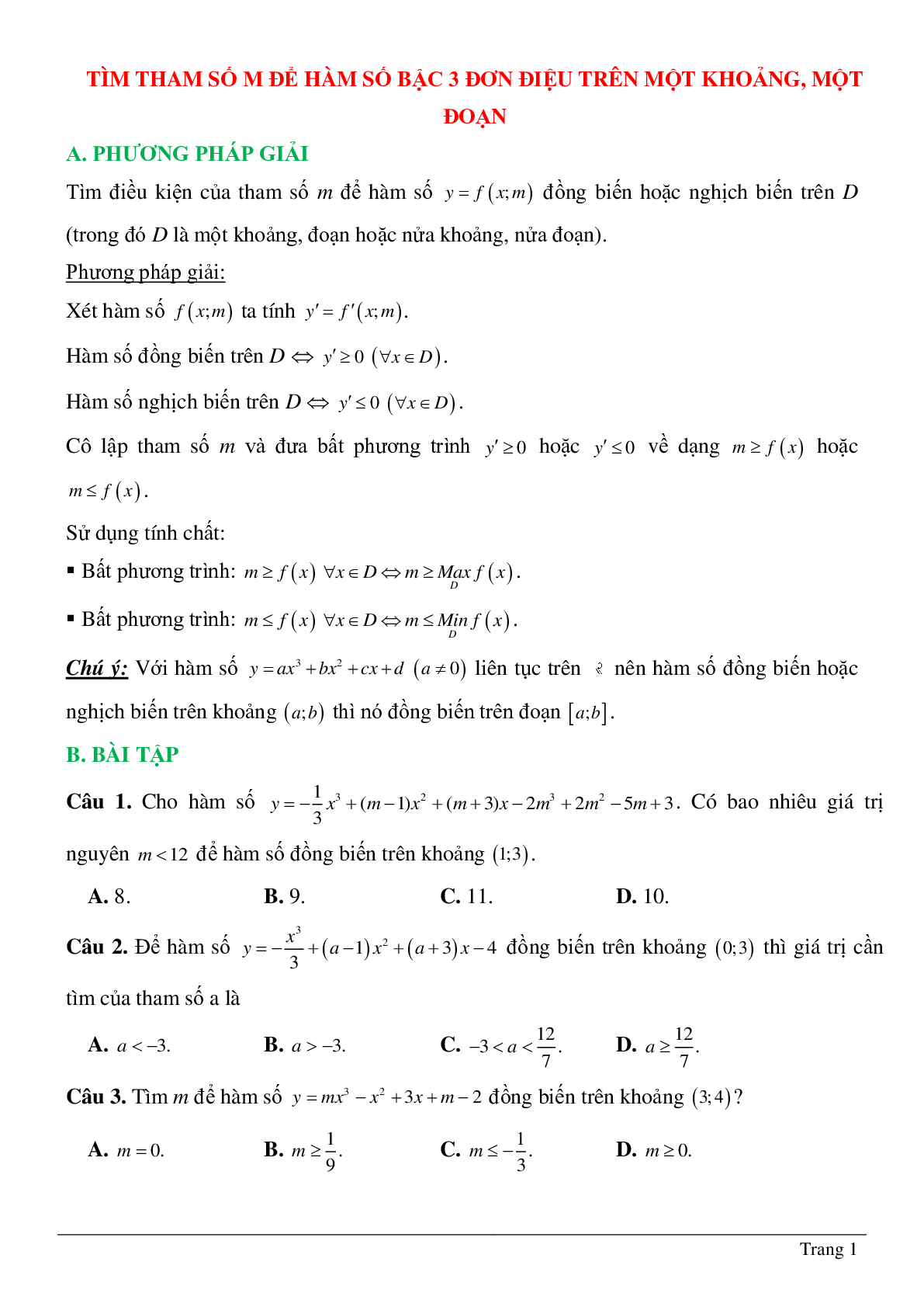 Tìm tham số M để hàm số bậc ba đồng biến, nghịch biến trên khoảng K cho trước (trang 1)