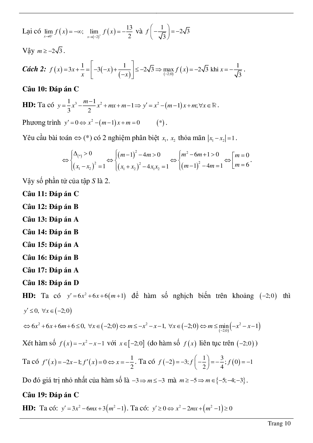 Tìm tham số M để hàm số bậc ba đồng biến, nghịch biến trên khoảng K cho trước (trang 10)