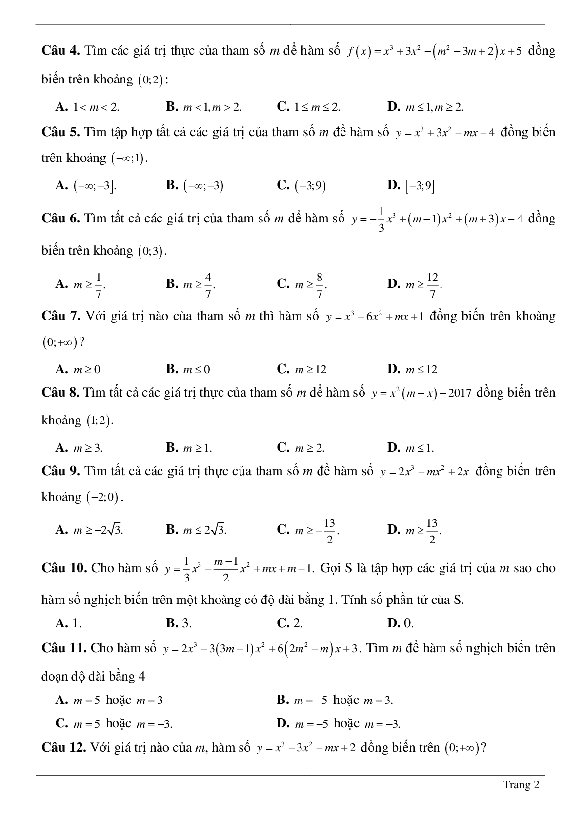 Tìm tham số M để hàm số bậc ba đồng biến, nghịch biến trên khoảng K cho trước (trang 2)