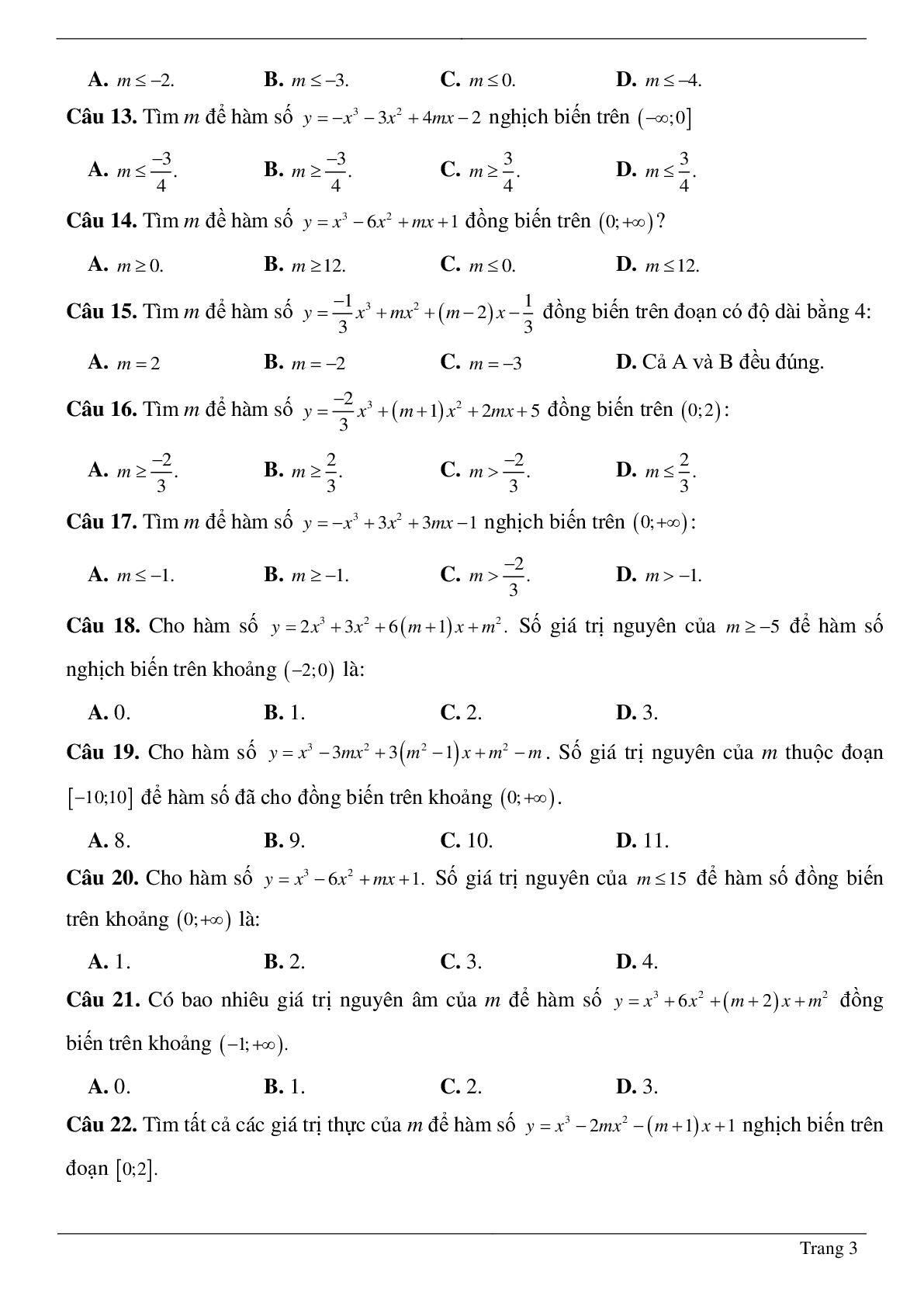 Tìm tham số M để hàm số bậc ba đồng biến, nghịch biến trên khoảng K cho trước (trang 3)