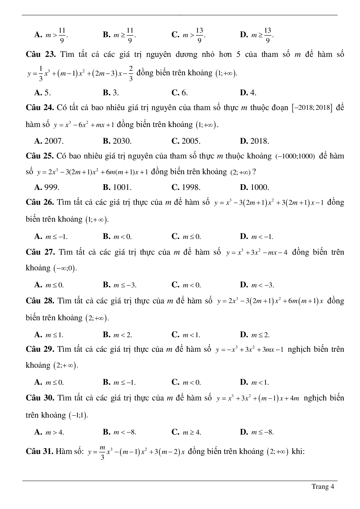 Tìm tham số M để hàm số bậc ba đồng biến, nghịch biến trên khoảng K cho trước (trang 4)