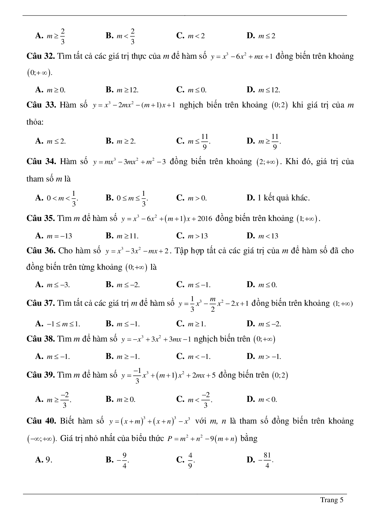 Tìm tham số M để hàm số bậc ba đồng biến, nghịch biến trên khoảng K cho trước (trang 5)