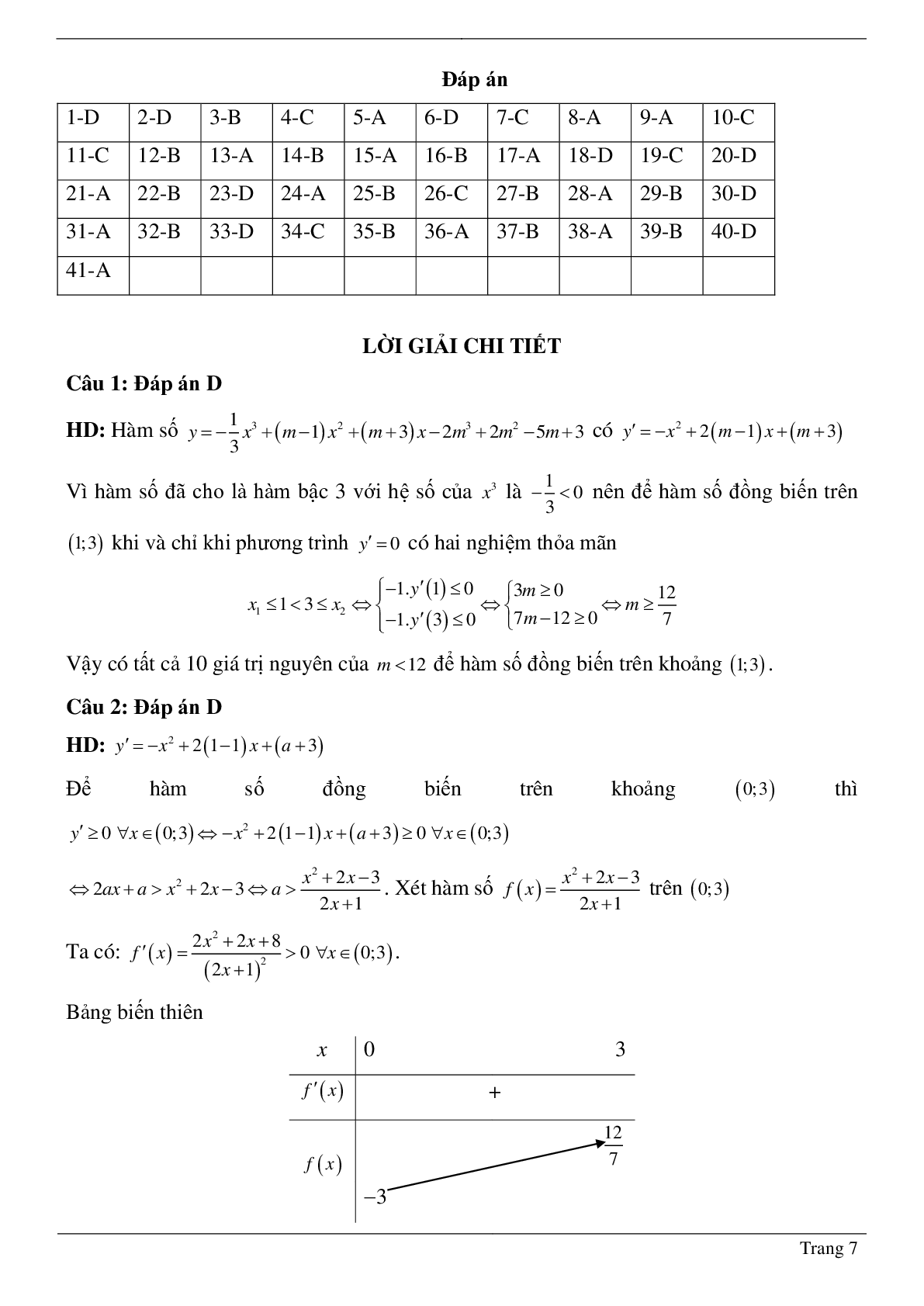 Tìm tham số M để hàm số bậc ba đồng biến, nghịch biến trên khoảng K cho trước (trang 7)