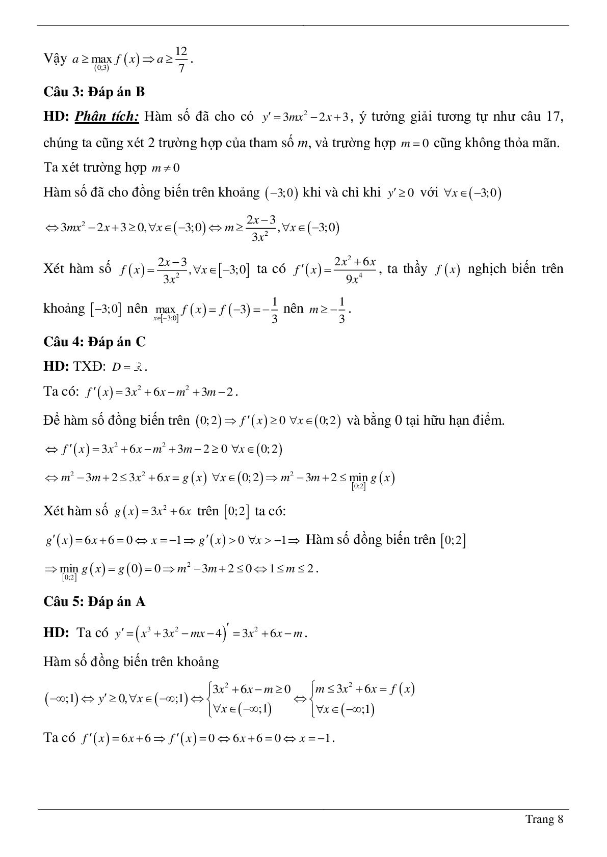 Tìm tham số M để hàm số bậc ba đồng biến, nghịch biến trên khoảng K cho trước (trang 8)