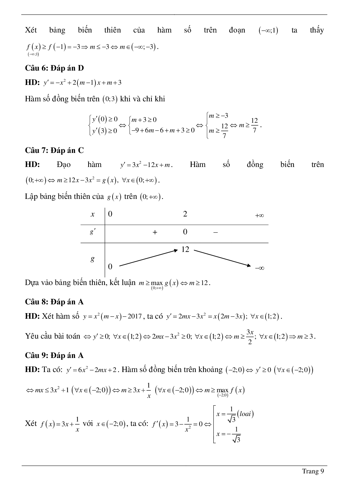 Tìm tham số M để hàm số bậc ba đồng biến, nghịch biến trên khoảng K cho trước (trang 9)