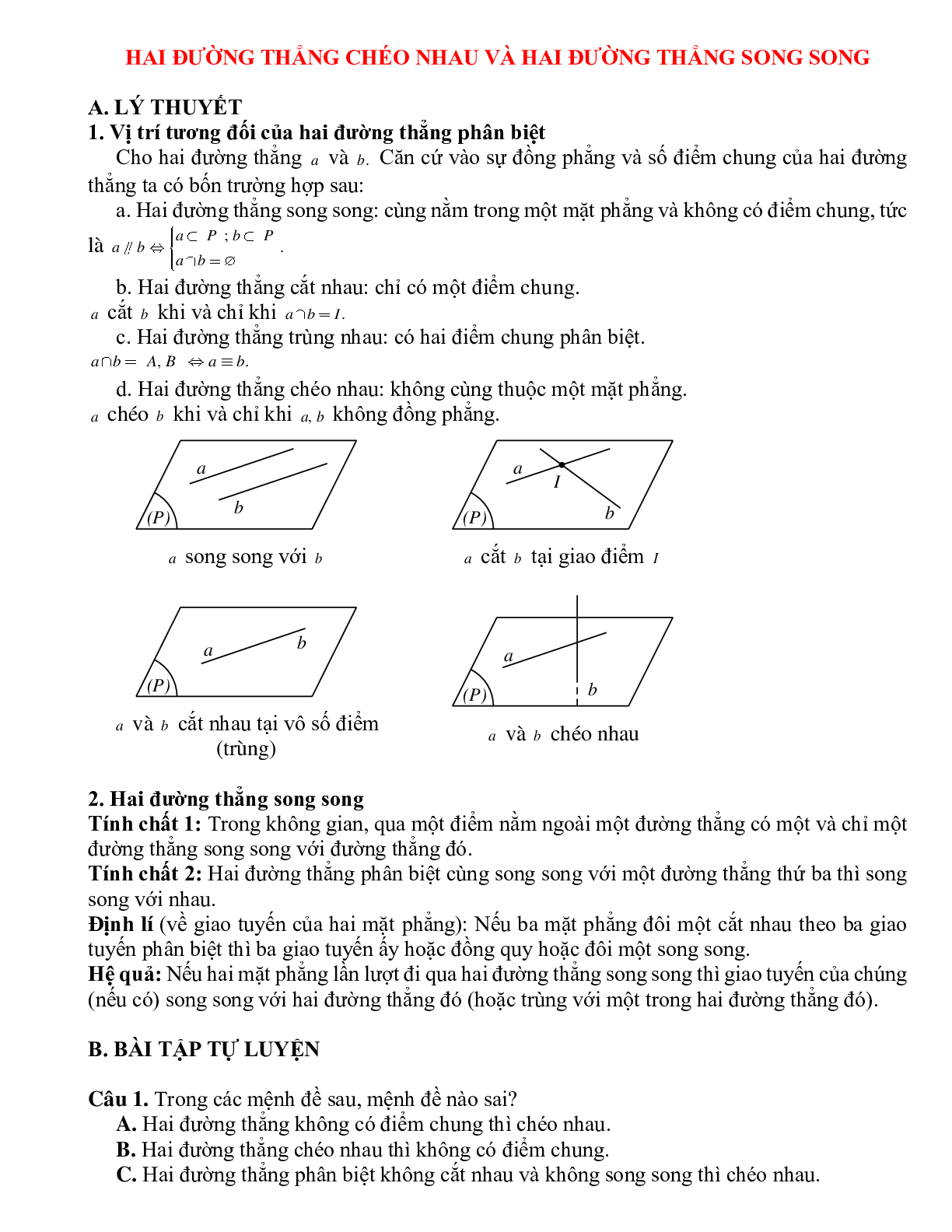 Bài tập Toán hình 11 Bài 2 có đáp án: Hai đường thẳng song song và hai đường thẳng chéo nhau (trang 1)