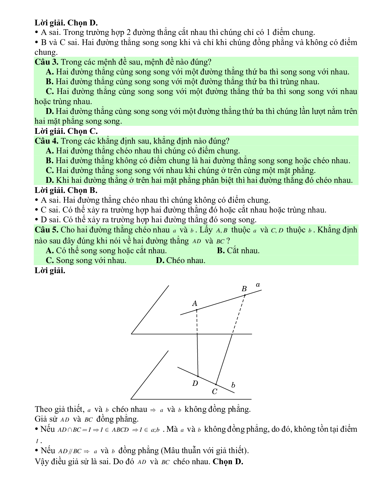 Bài tập Toán hình 11 Bài 2 có đáp án: Hai đường thẳng song song và hai đường thẳng chéo nhau (trang 5)
