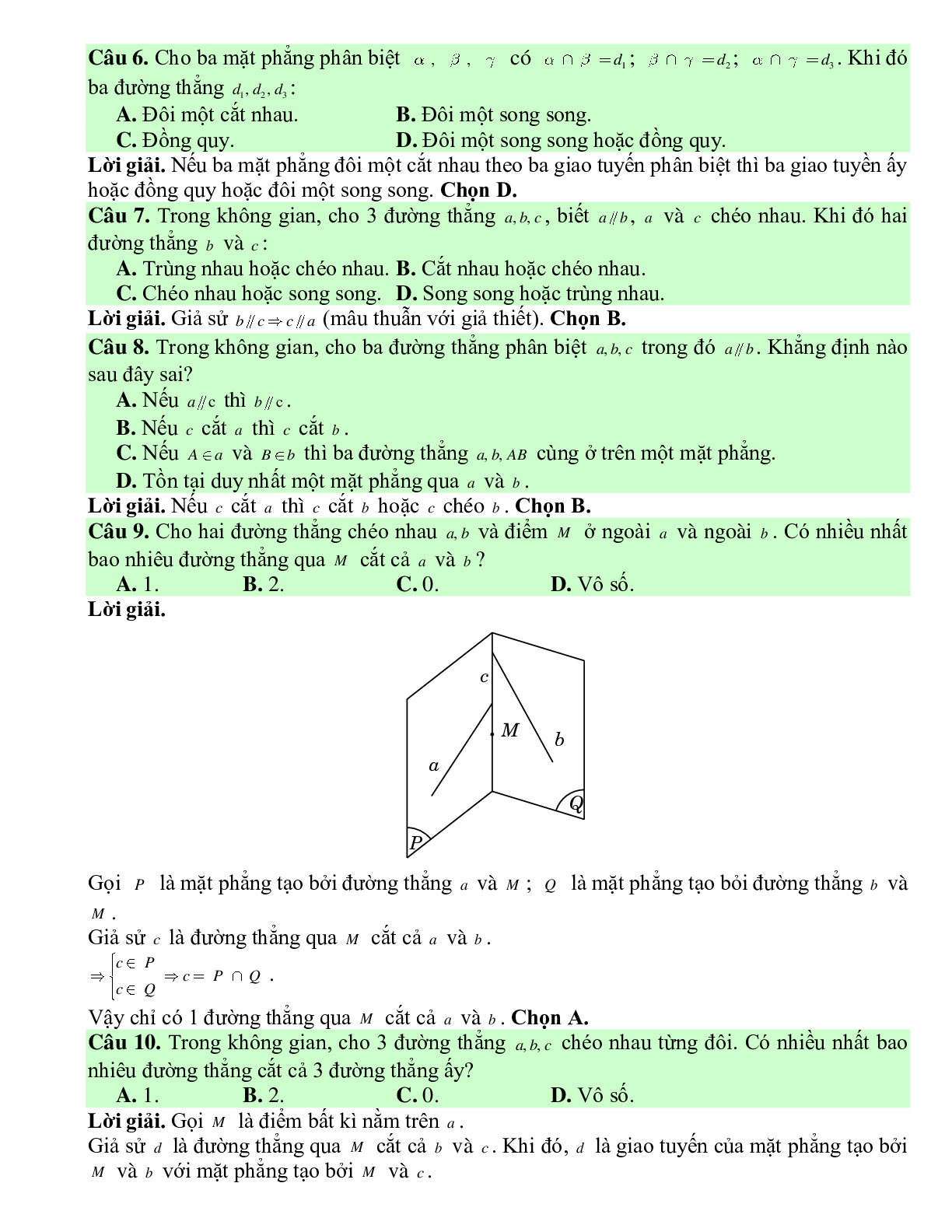 Bài tập Toán hình 11 Bài 2 có đáp án: Hai đường thẳng song song và hai đường thẳng chéo nhau (trang 6)