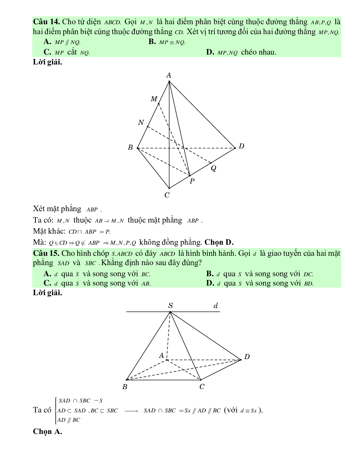 Bài tập Toán hình 11 Bài 2 có đáp án: Hai đường thẳng song song và hai đường thẳng chéo nhau (trang 9)