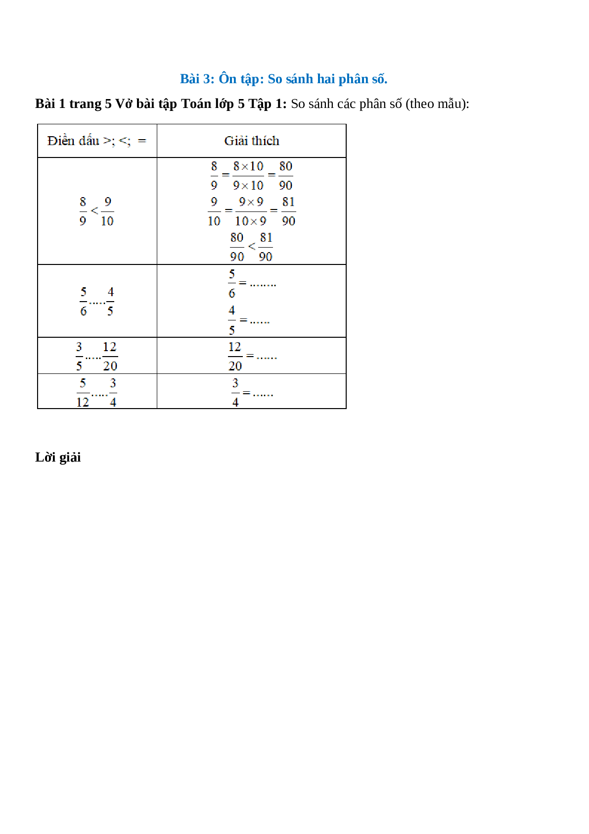 So sánh các phân số (theo mẫu) Bài 1 trang 5 Vở bài tập Toán lớp 5 (trang 1)