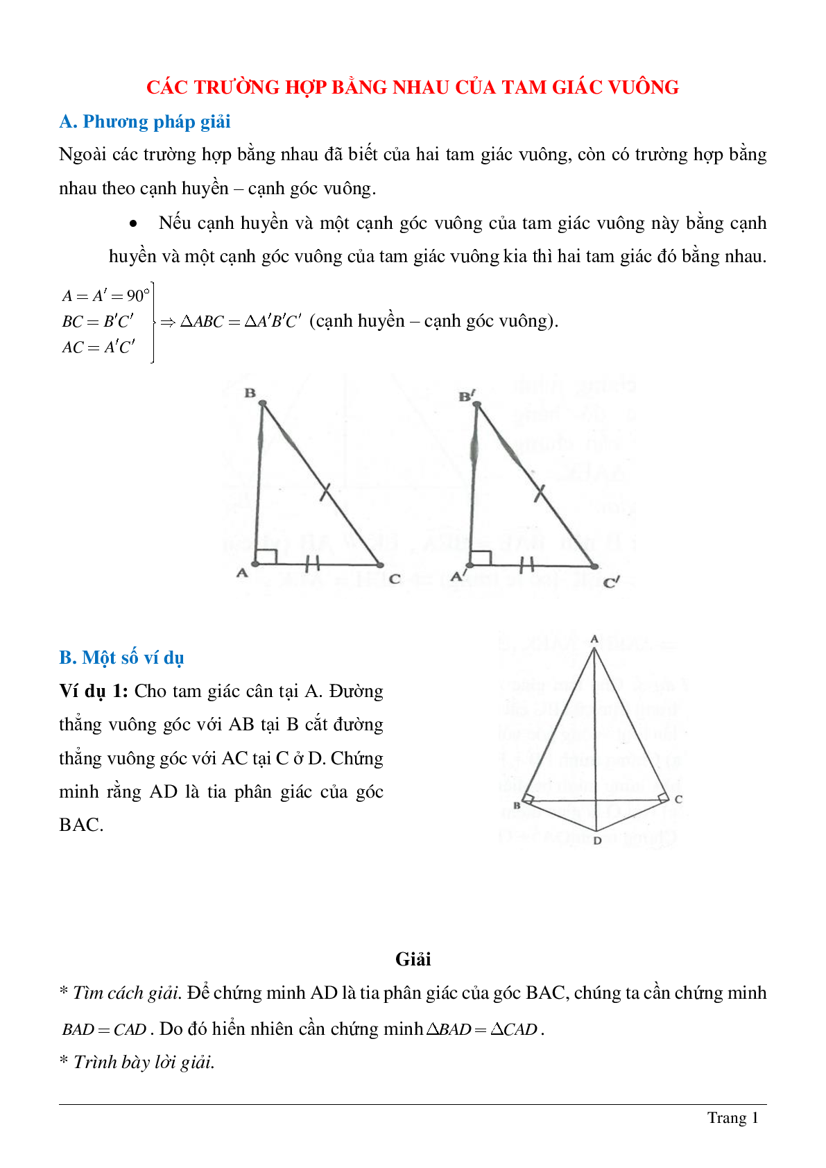 Tất tần tật về Các trường hợp bằng nhau của tam giác vuông chi tiết (trang 1)