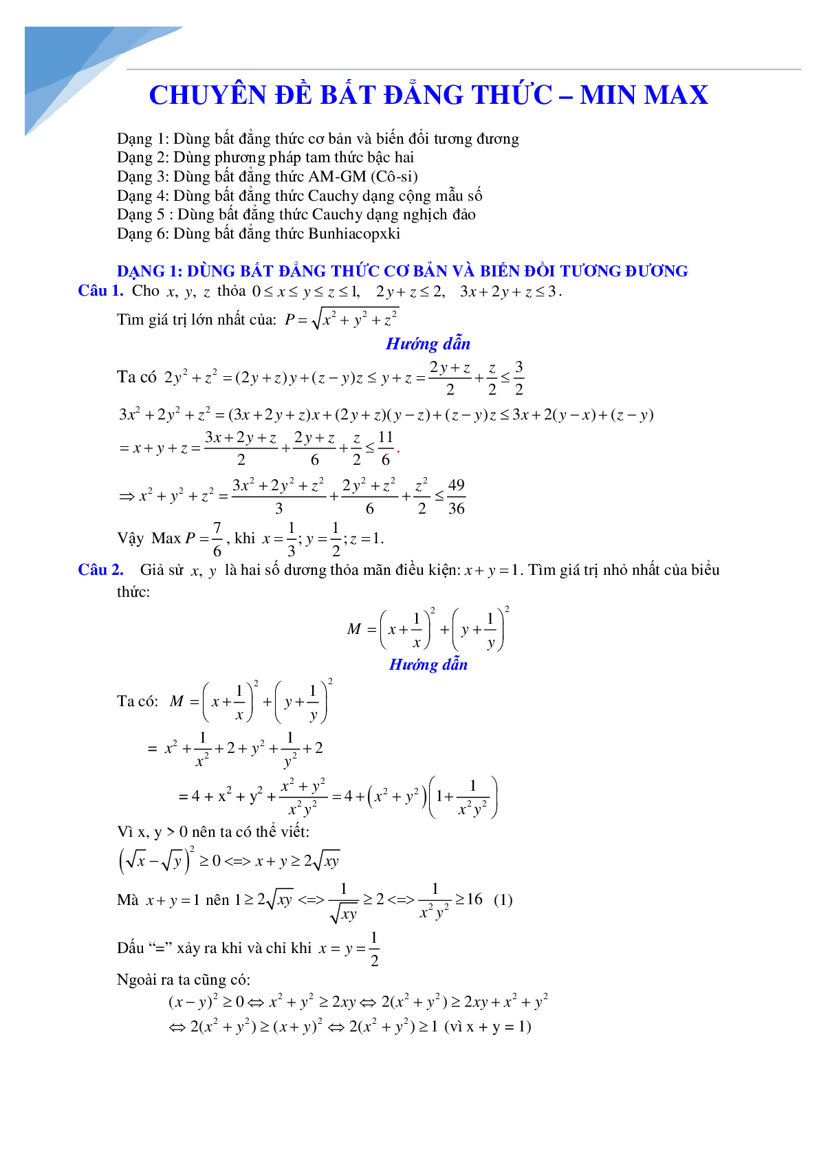 Các phương pháp chứng minh bất đẳng thức và tìm min max (trang 1)