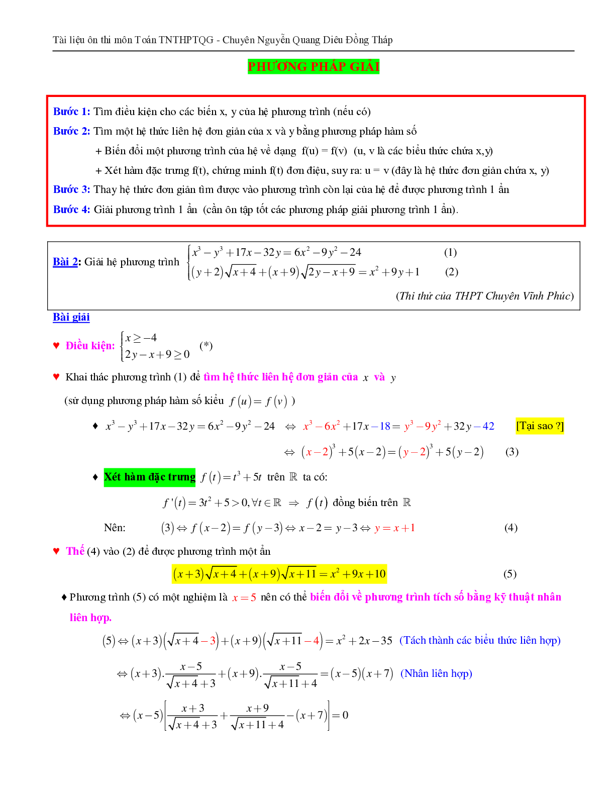 Giải hệ phương trình bằng phương pháp hàm số (trang 2)