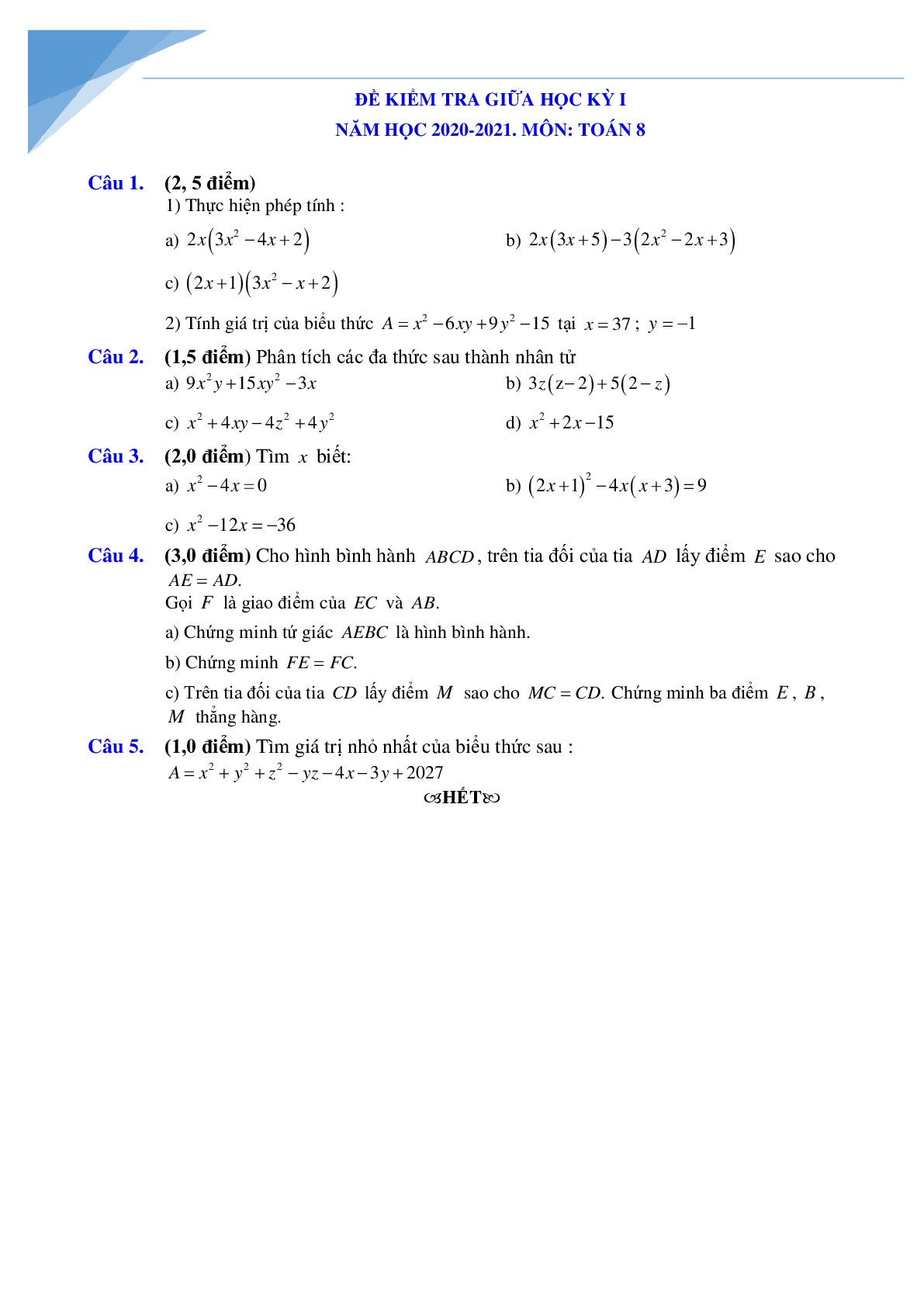 Đề giữa kì 1 môn toán lớp 8 Hà Nội năm học 2022 - 2023 (trang 8)