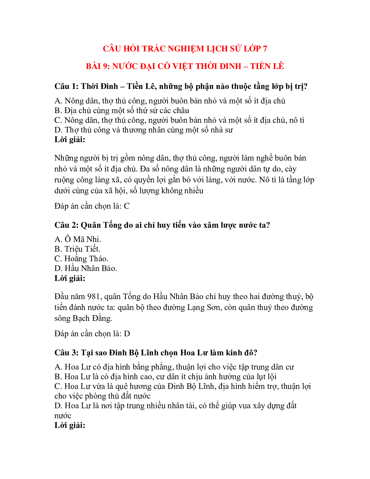 Trắc nghiệm Lịch sử 7 Bài 9 có đáp án: Nước Đại Cồ Việt thời Đinh - Tiền Lê (trang 1)