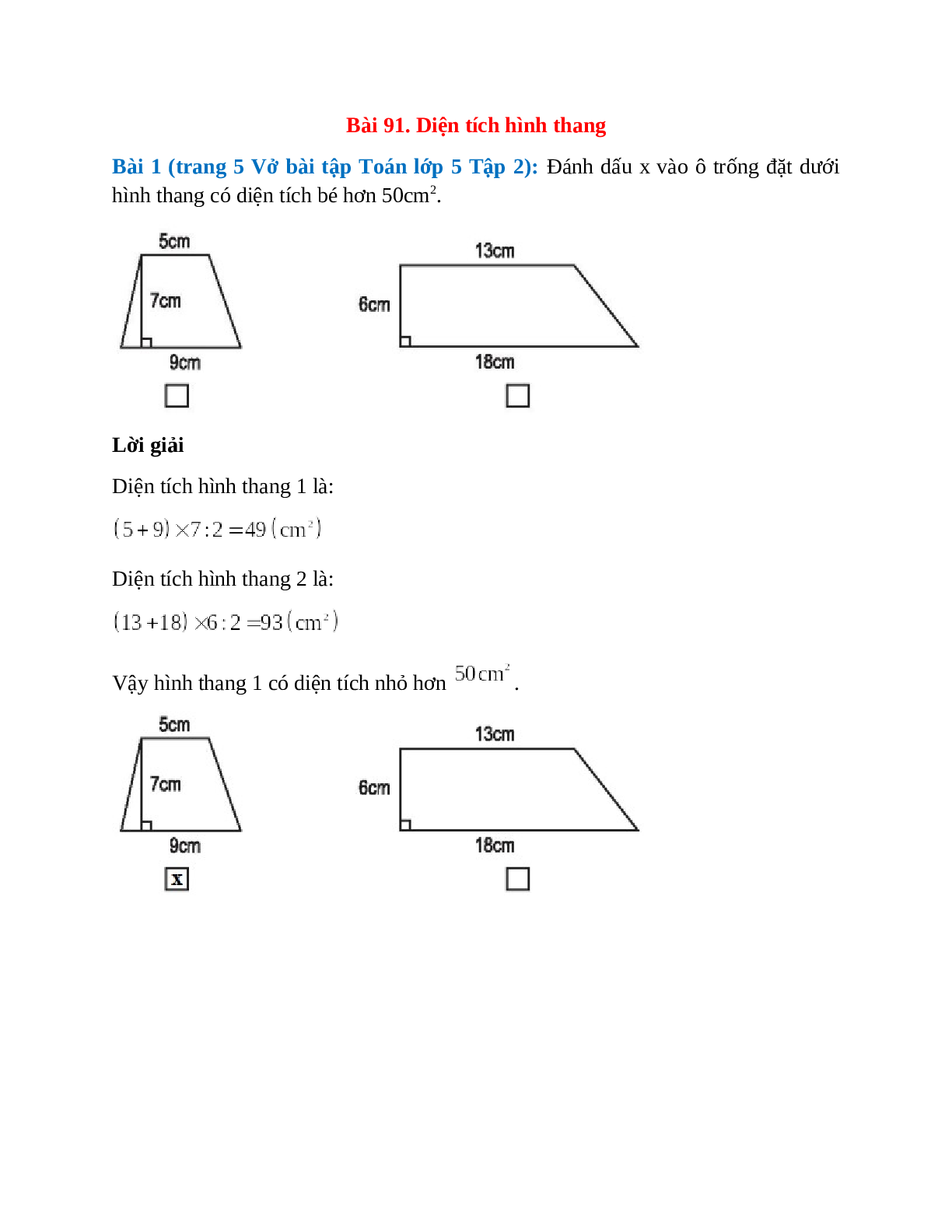 Đánh dấu x vào ô trống đặt dưới hình thang có diện tích bé hơn 50cm2 (trang 1)