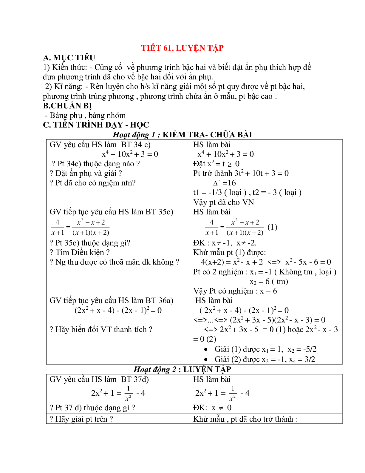 Giáo án Luyện tập Phương trình quy về phương trình bậc hai (2023) mới nhất - Toán 9 (trang 1)