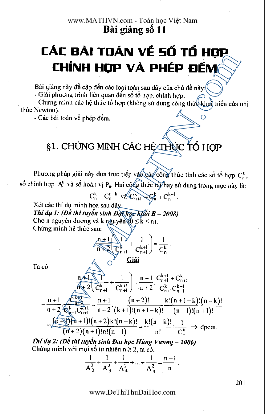 Các bài toán về số tổ hợp - chỉnh hợp và phép đếm môn Toán lớp 11 (trang 1)
