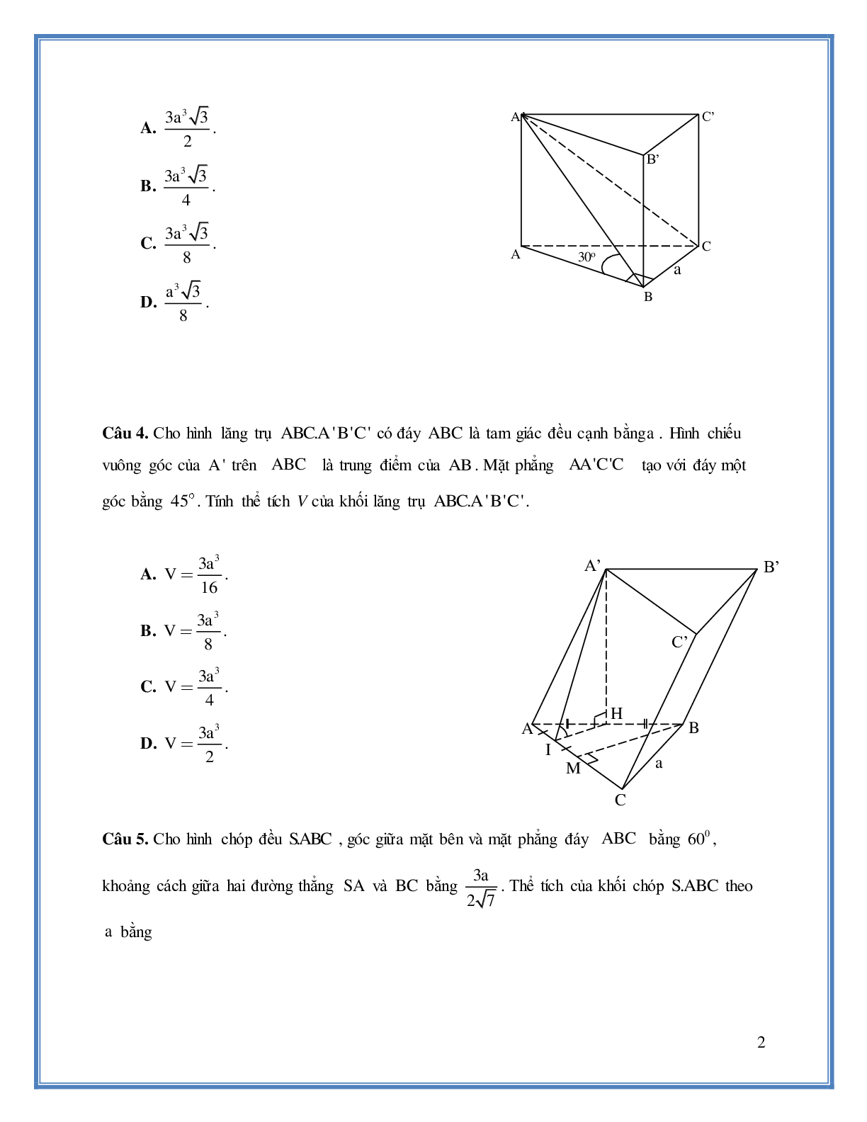 195 bài tập trắc nghiệm thể tích khối đa diện nâng cao - có đáp án (trang 3)