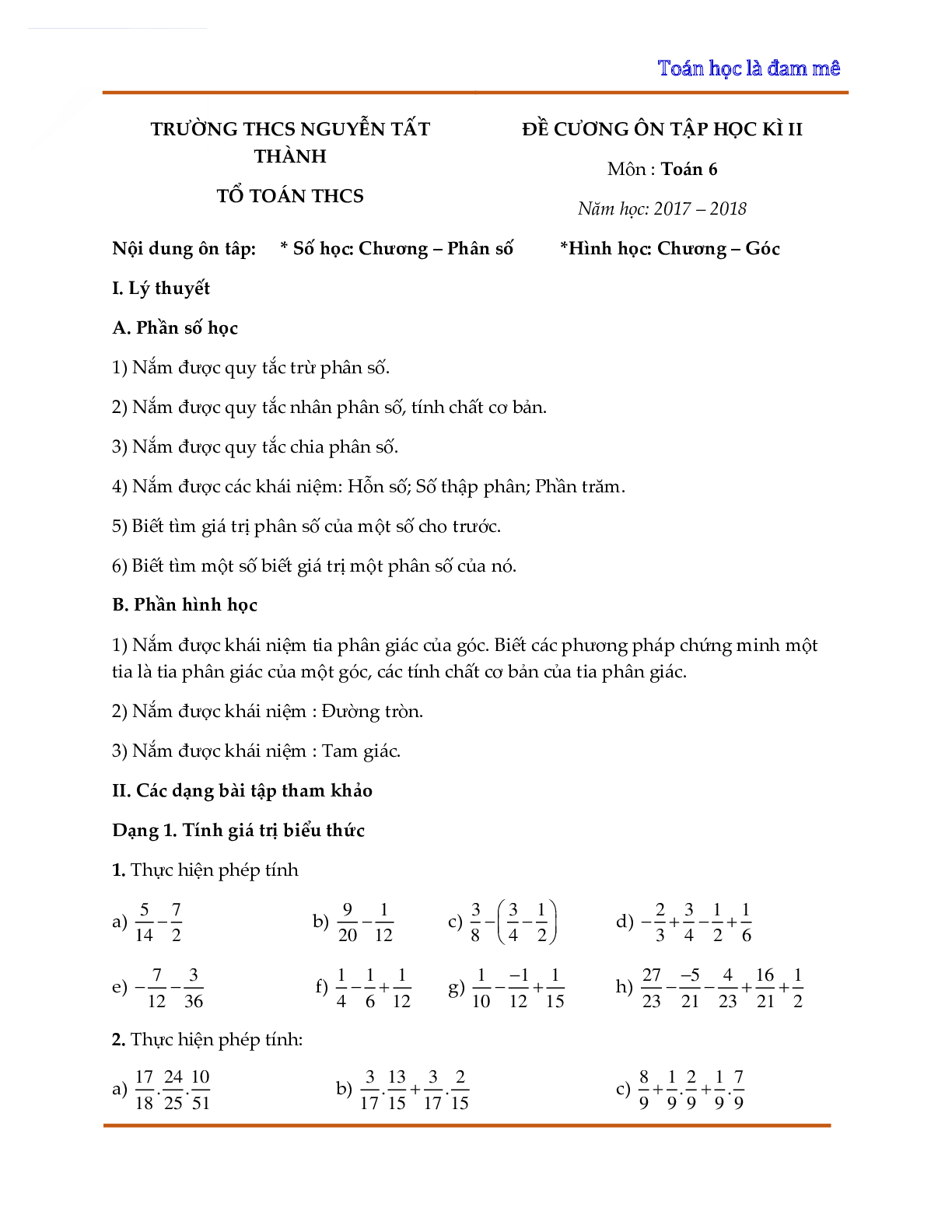 Đề cương ôn tập học kỳ II toán 6 THCS Nguyễn Tất Thành - Hà Nội (trang 1)