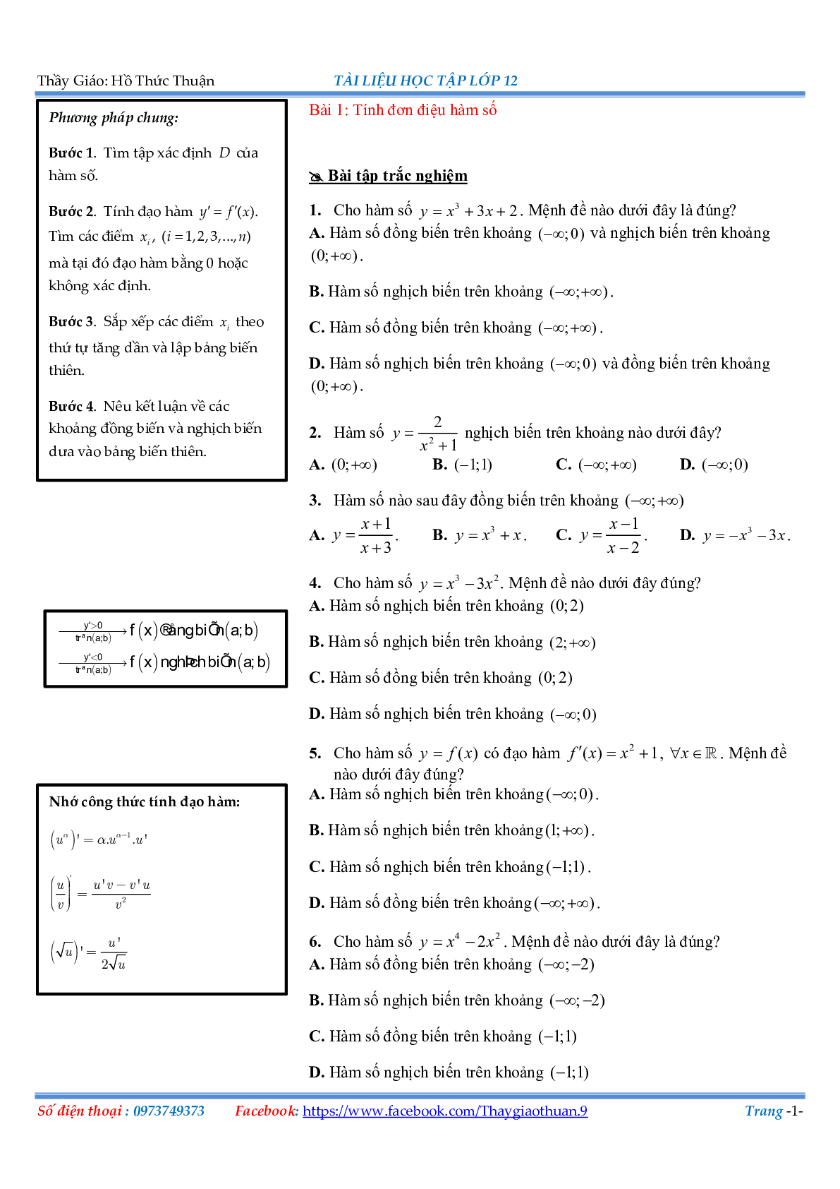 Bài tập về các cách giải đơn điệu Hàm số (trang 1)