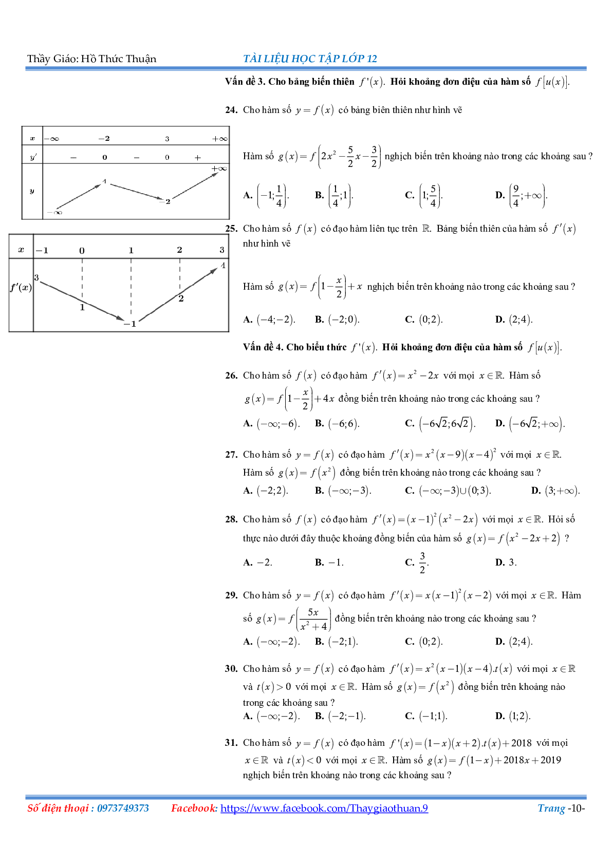 Bài tập về các cách giải đơn điệu Hàm số (trang 10)