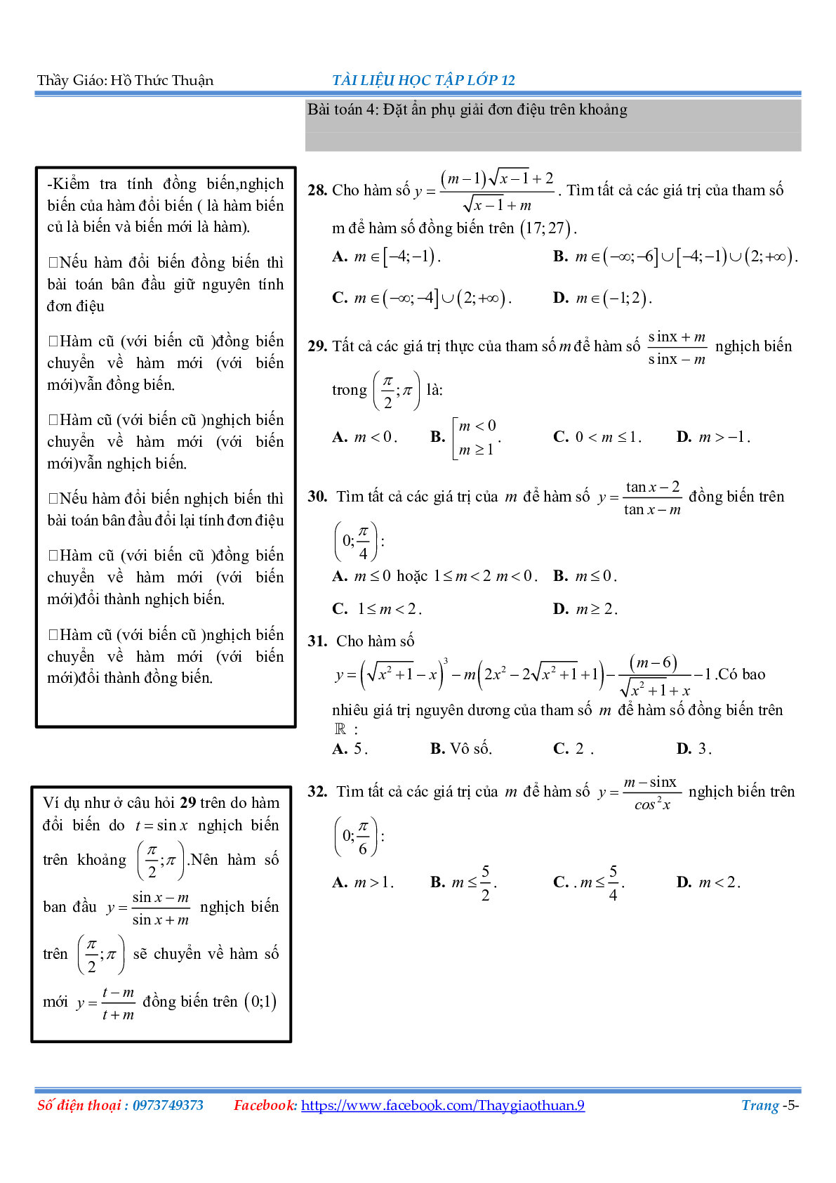 Bài tập về các cách giải đơn điệu Hàm số (trang 5)
