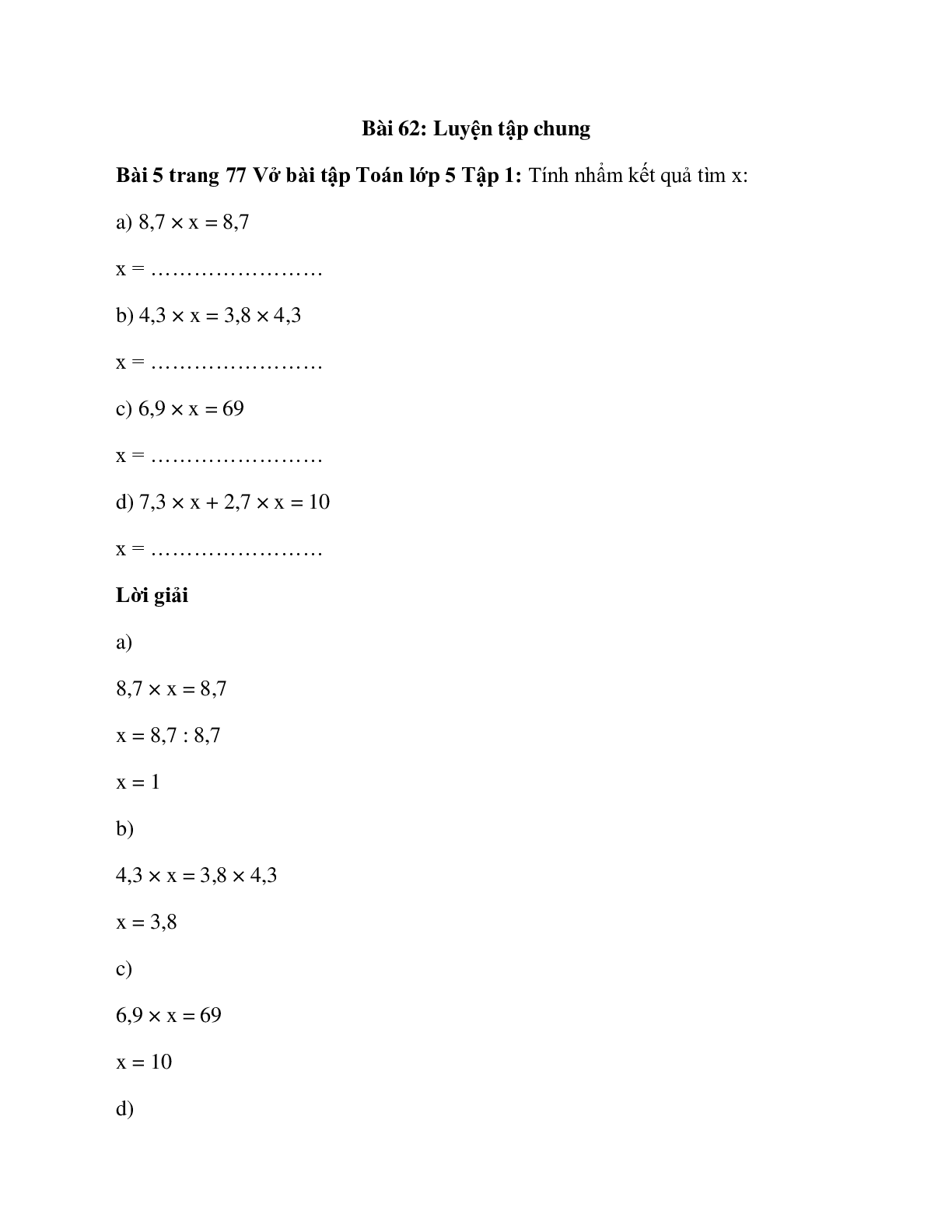 Tính nhẩm kết quả tìm x: 8,7 × x = 8,7 (trang 1)